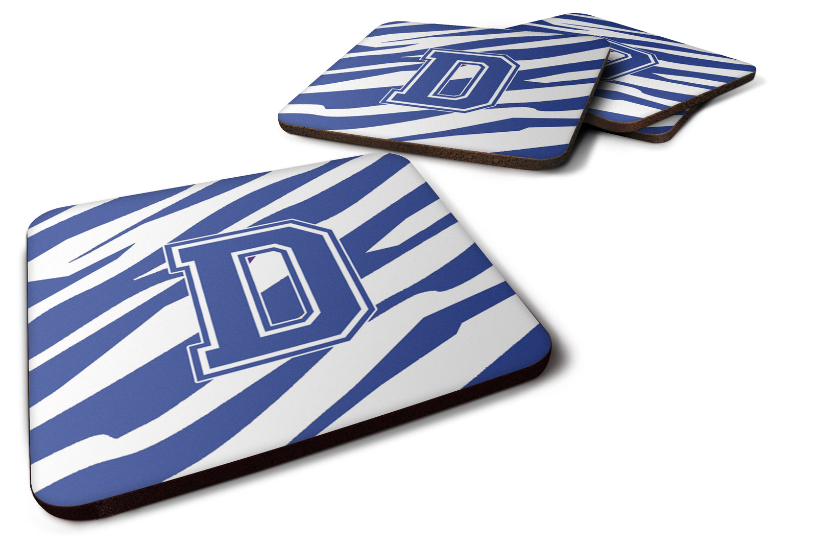 Set of 4 Monogram - Tiger Stripe Blue and White Foam Coasters Initial Letter D - the-store.com