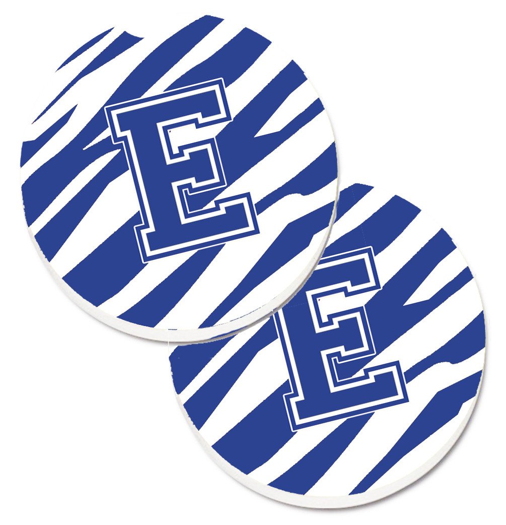 Monogram Initial E Tiger Stripe Blue and White Set of 2 Cup Holder Car Coasters CJ1034-ECARC by Caroline's Treasures