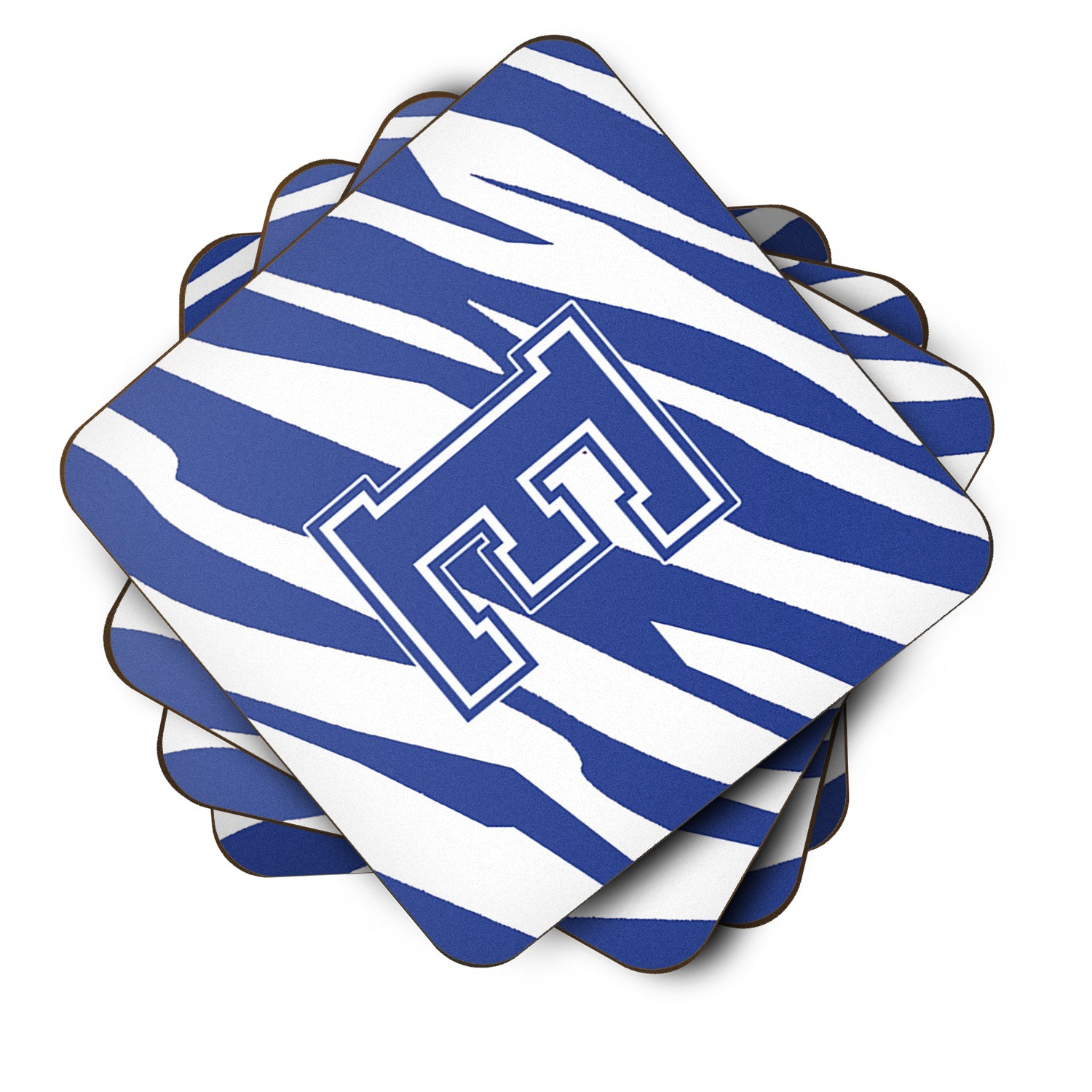 Set of 4 Monogram - Tiger Stripe Blue and White Foam Coasters Initial Letter E - the-store.com