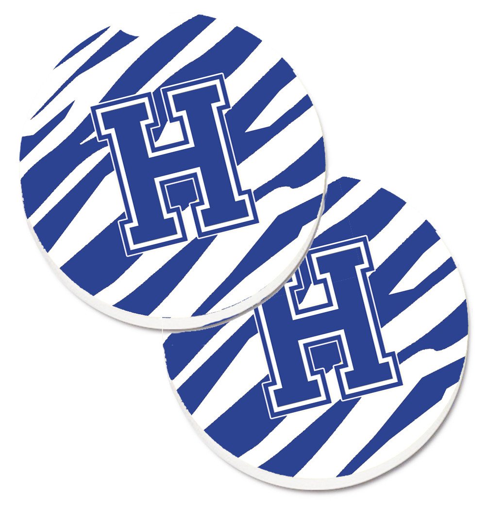 Monogram Initial H Tiger Stripe Blue and White Set of 2 Cup Holder Car Coasters CJ1034-HCARC by Caroline's Treasures