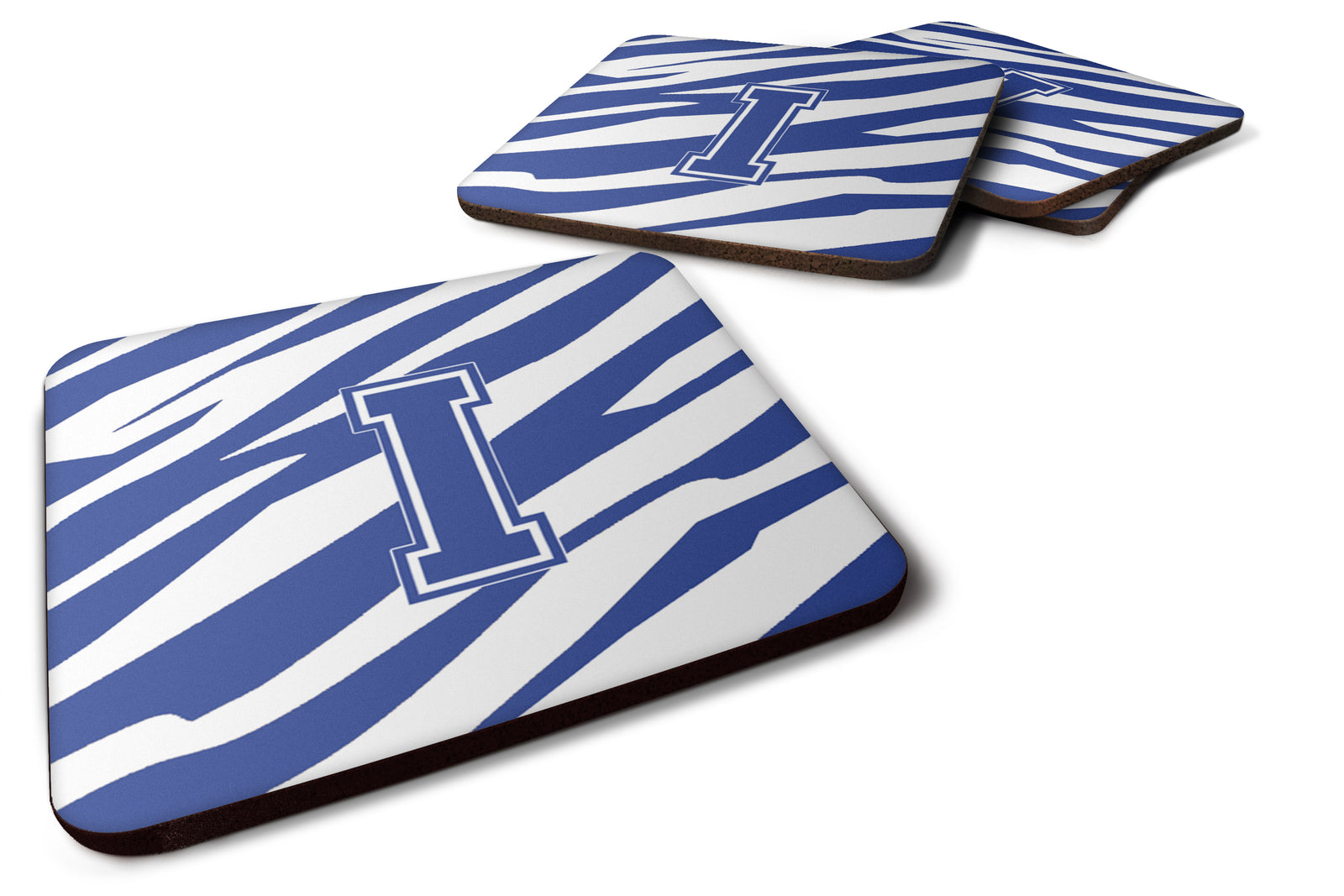 Set of 4 Monogram - Tiger Stripe Blue and White Foam Coasters Initial Letter I - the-store.com