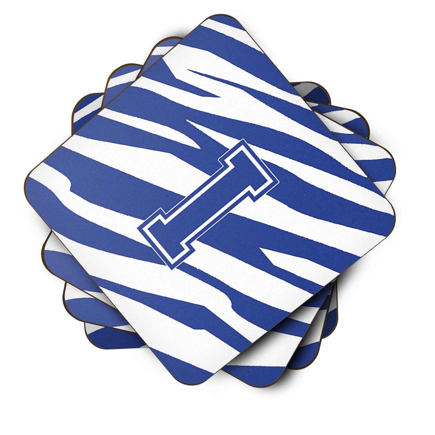 Set of 4 Monogram - Tiger Stripe Blue and White Foam Coasters Initial Letter I - the-store.com