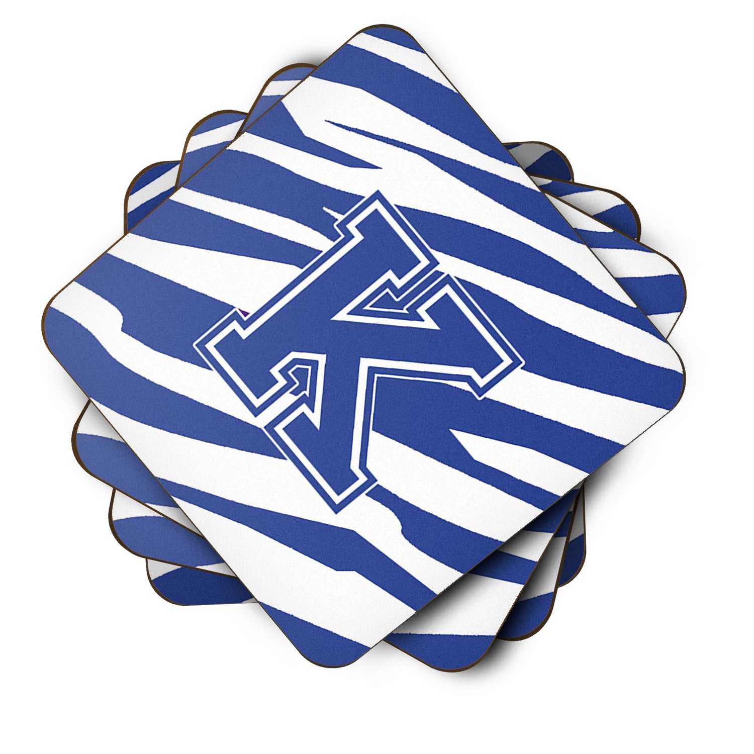 Set of 4 Monogram - Tiger Stripe Blue and White Foam Coasters Initial Letter K - the-store.com
