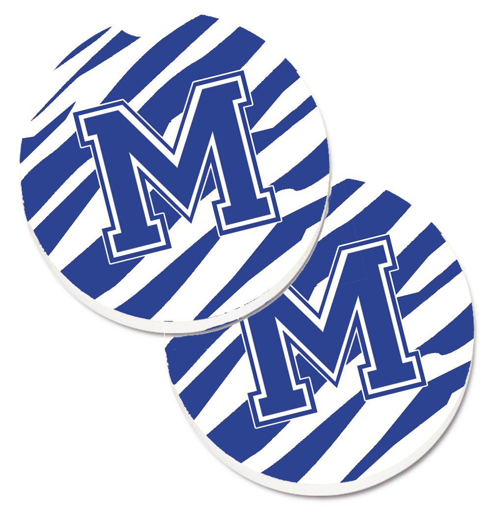 Monogram Initial M Tiger Stripe Blue and White Set of 2 Cup Holder Car Coasters CJ1034-MCARC by Caroline's Treasures