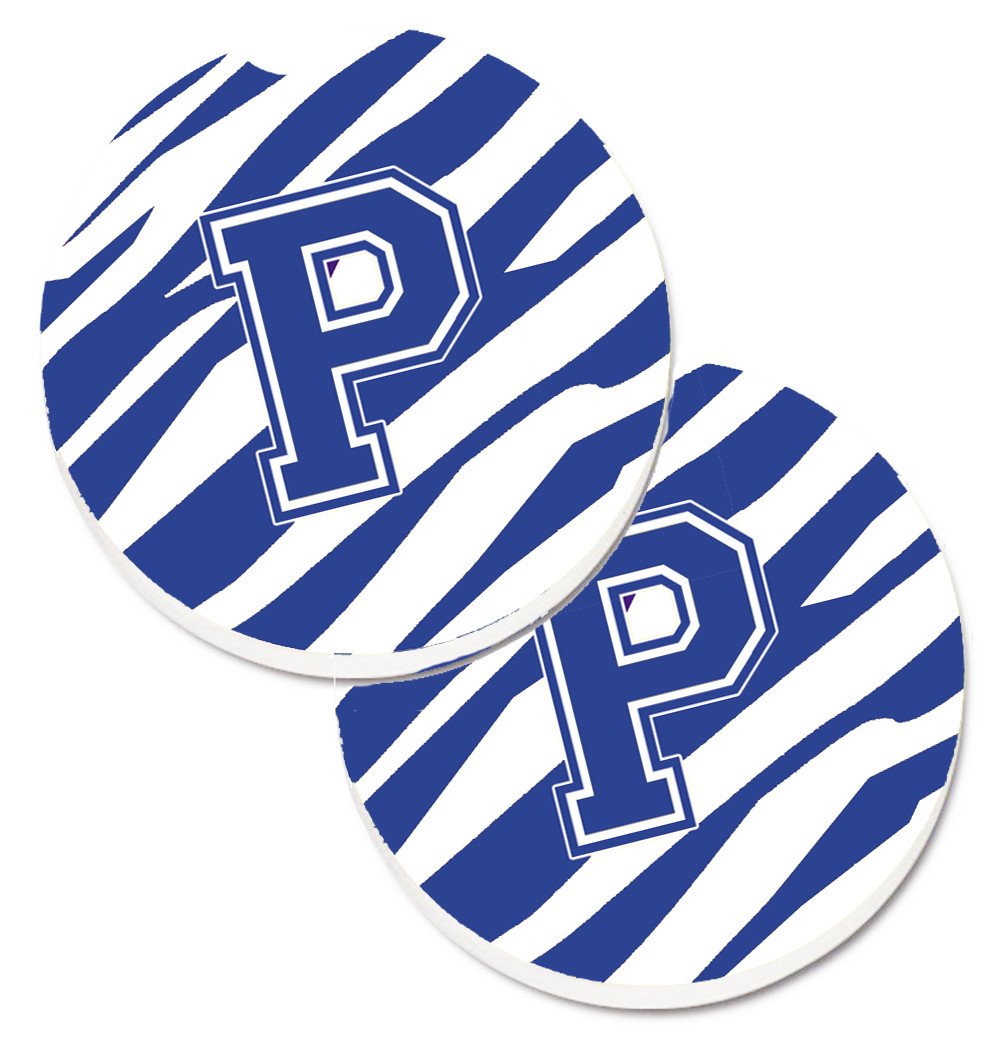 Monogram Initial P Tiger Stripe Blue and White Set of 2 Cup Holder Car Coasters CJ1034-PCARC by Caroline's Treasures