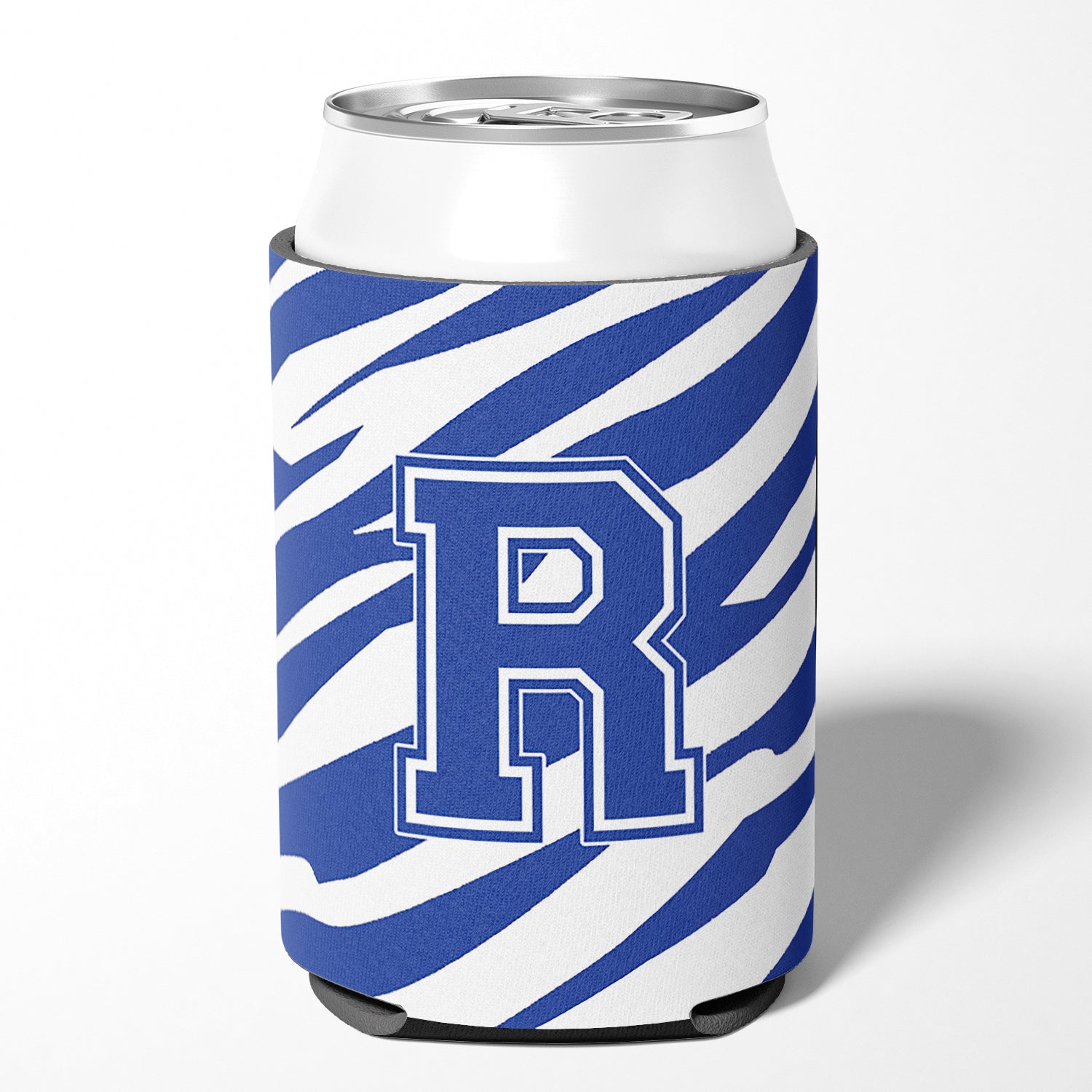Letter R Initial Monogram - Tiger Stripe Blue and White Can Beverage Insulator Hugger.