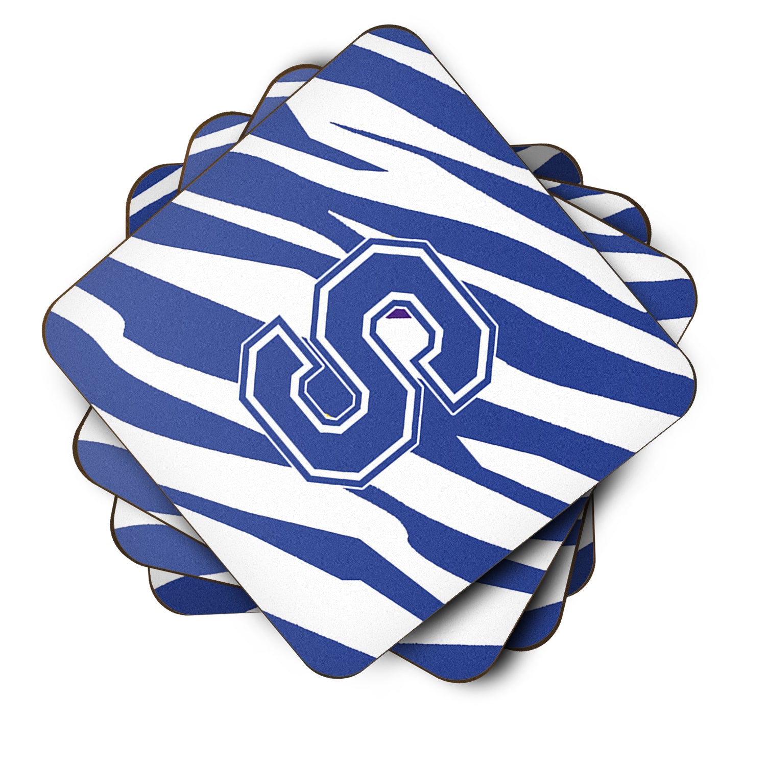 Set of 4 Monogram - Tiger Stripe Blue and White Foam Coasters Initial Letter S - the-store.com