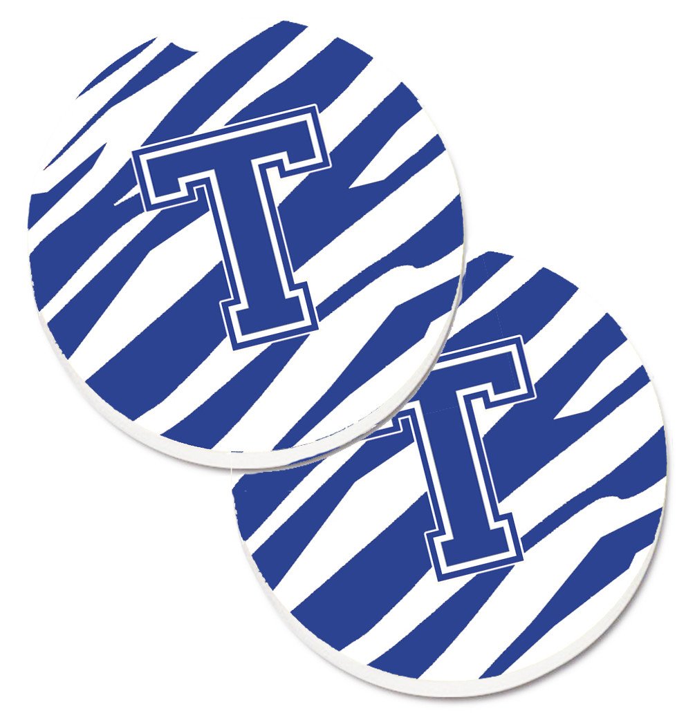 Monogram Initial T Tiger Stripe Blue and White Set of 2 Cup Holder Car Coasters CJ1034-TCARC by Caroline&#39;s Treasures