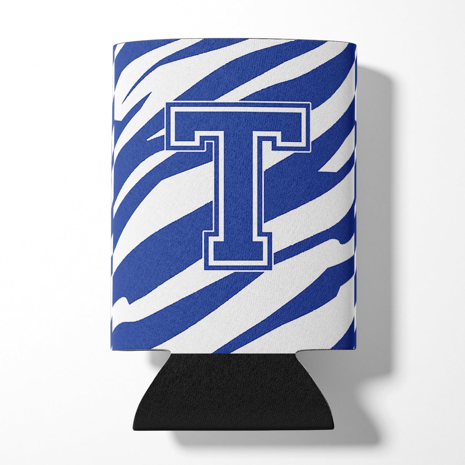 Letter T Initial Monogram - Tiger Stripe Blue and White Can Beverage Insulator Hugger.
