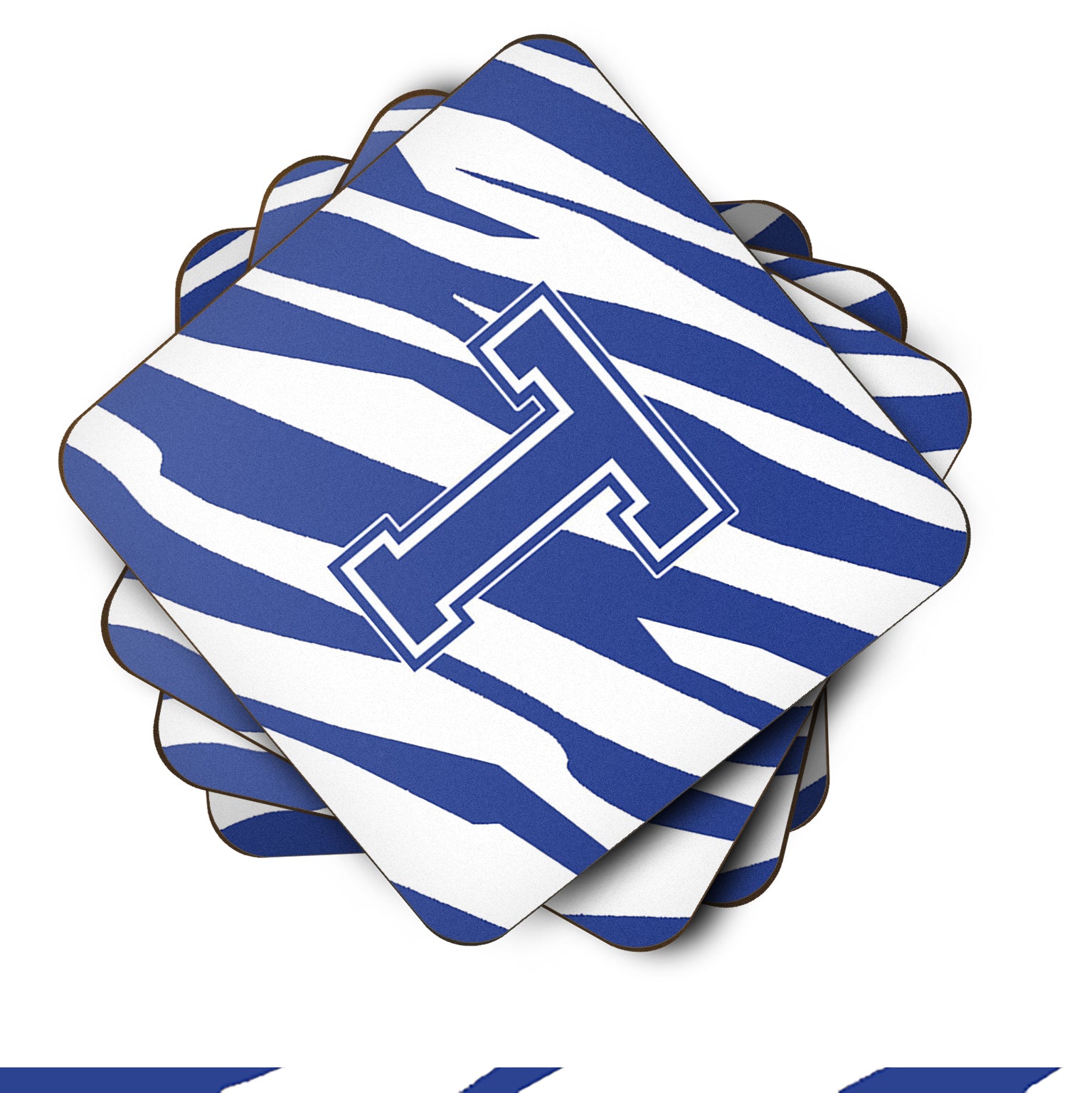 Set of 4 Monogram - Tiger Stripe Blue and White Foam Coasters Initial Letter T - the-store.com