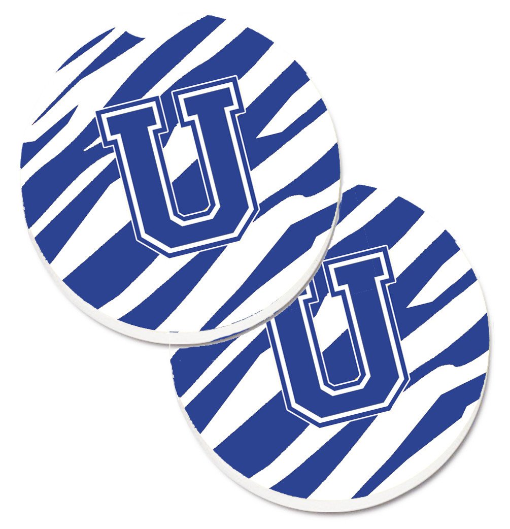 Monogram Initial U Tiger Stripe Blue and White Set of 2 Cup Holder Car Coasters CJ1034-UCARC by Caroline's Treasures