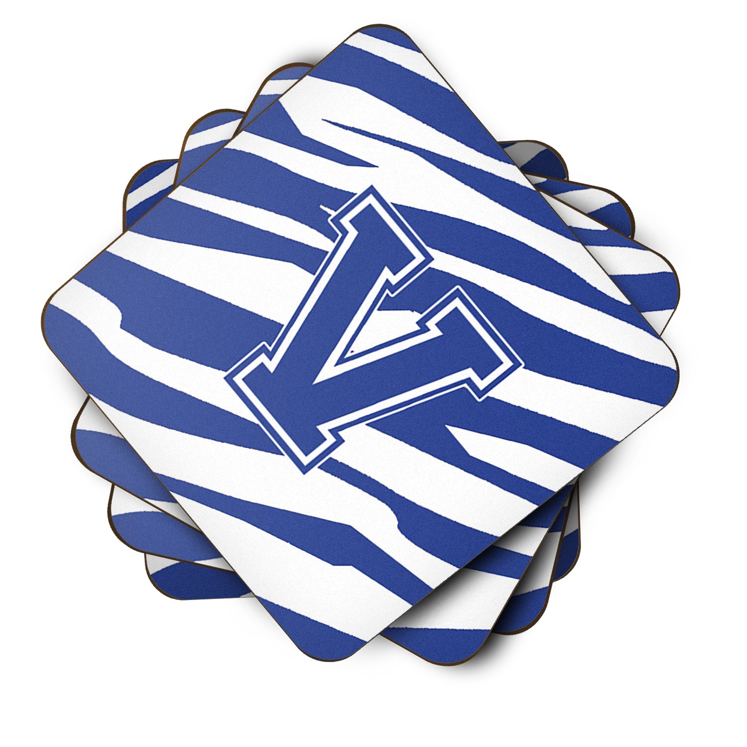 Set of 4 Monogram - Tiger Stripe Blue and White Foam Coasters Initial Letter V - the-store.com