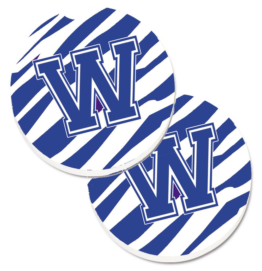 Monogram Initial W Tiger Stripe Blue and White Set of 2 Cup Holder Car Coasters CJ1034-WCARC by Caroline's Treasures