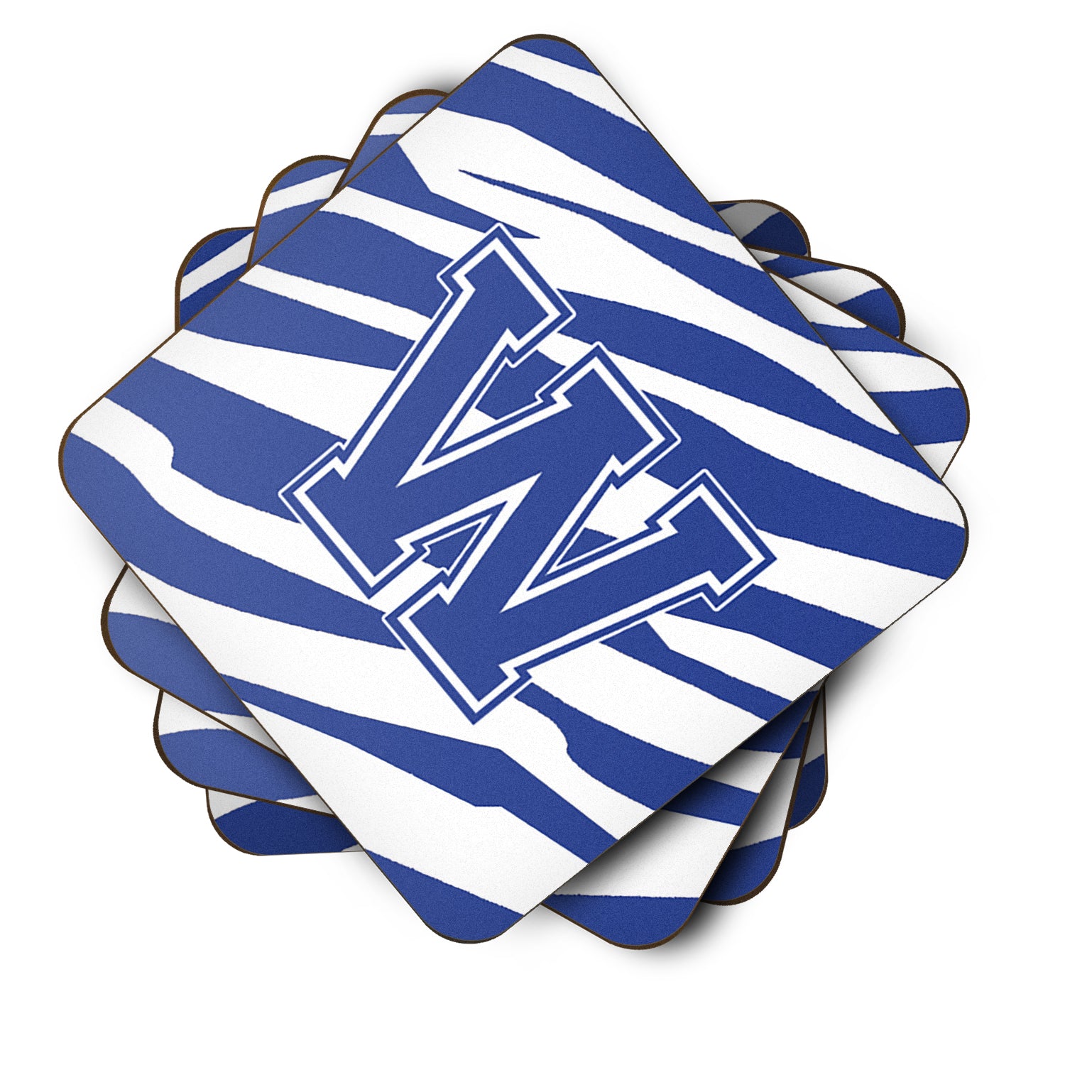 Set of 4 Monogram - Tiger Stripe Blue and White Foam Coasters Initial Letter W - the-store.com