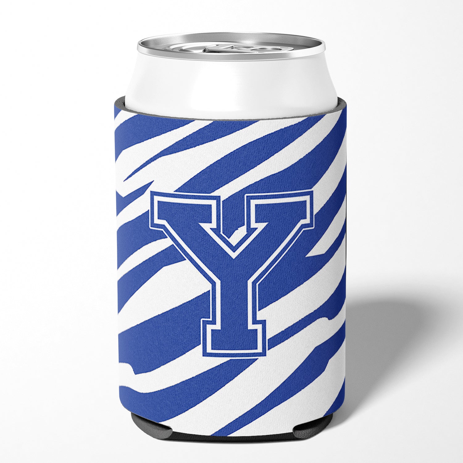 Letter Y Initial Monogram - Tiger Stripe Blue and White Can Beverage Insulator Hugger.