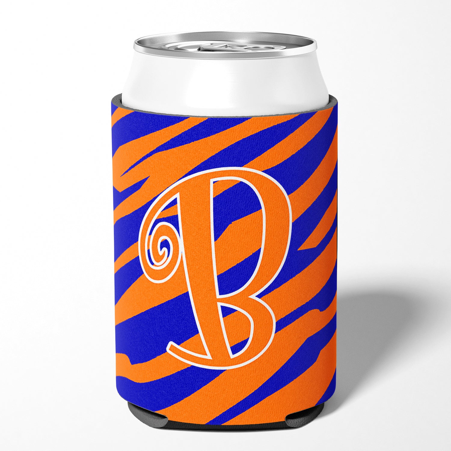 Letter B Initial Monogram - Tiger Stripe Blue and Orange Can Beverage Insulator Hugger.