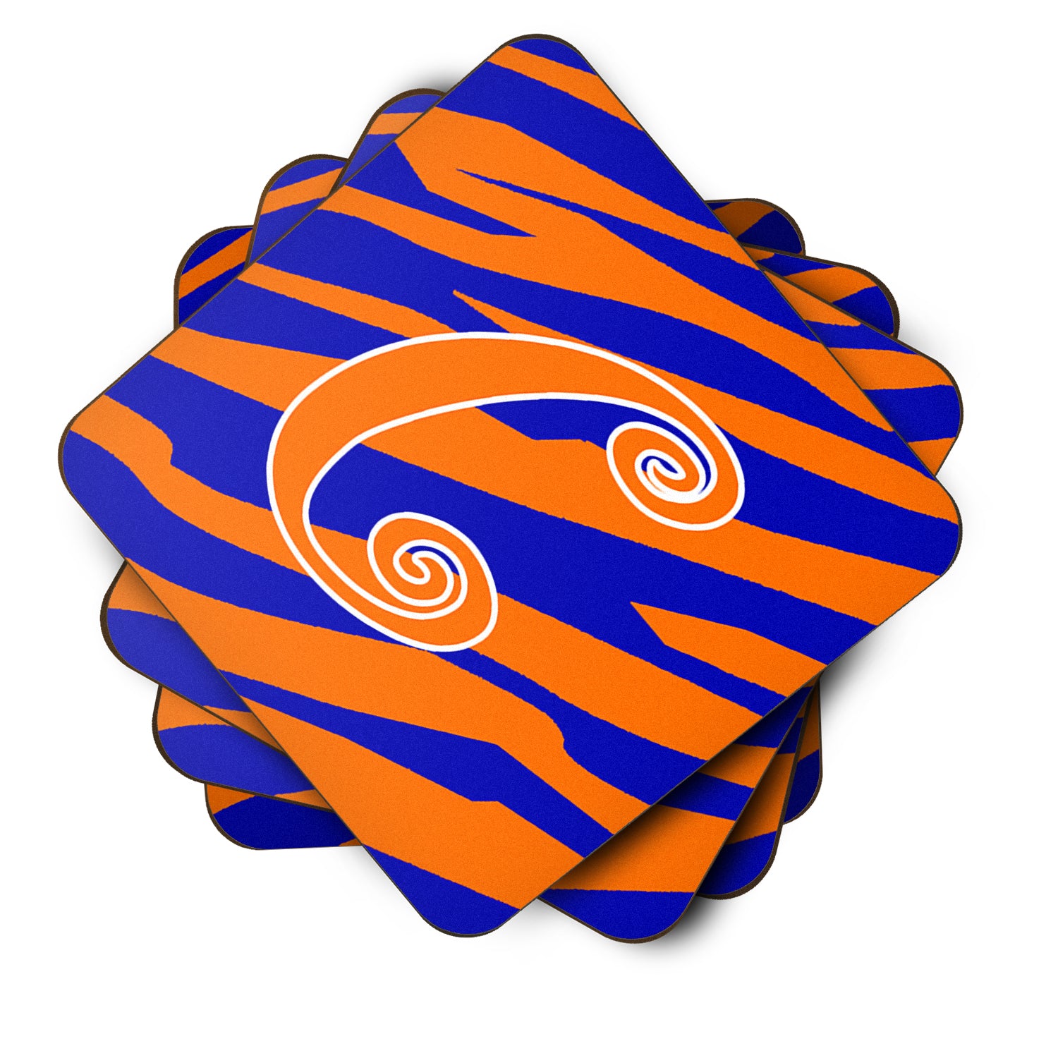 Set of 4 Monogram - Tiger Stripe Blue and Orange Foam Coasters Initial Letter C - the-store.com