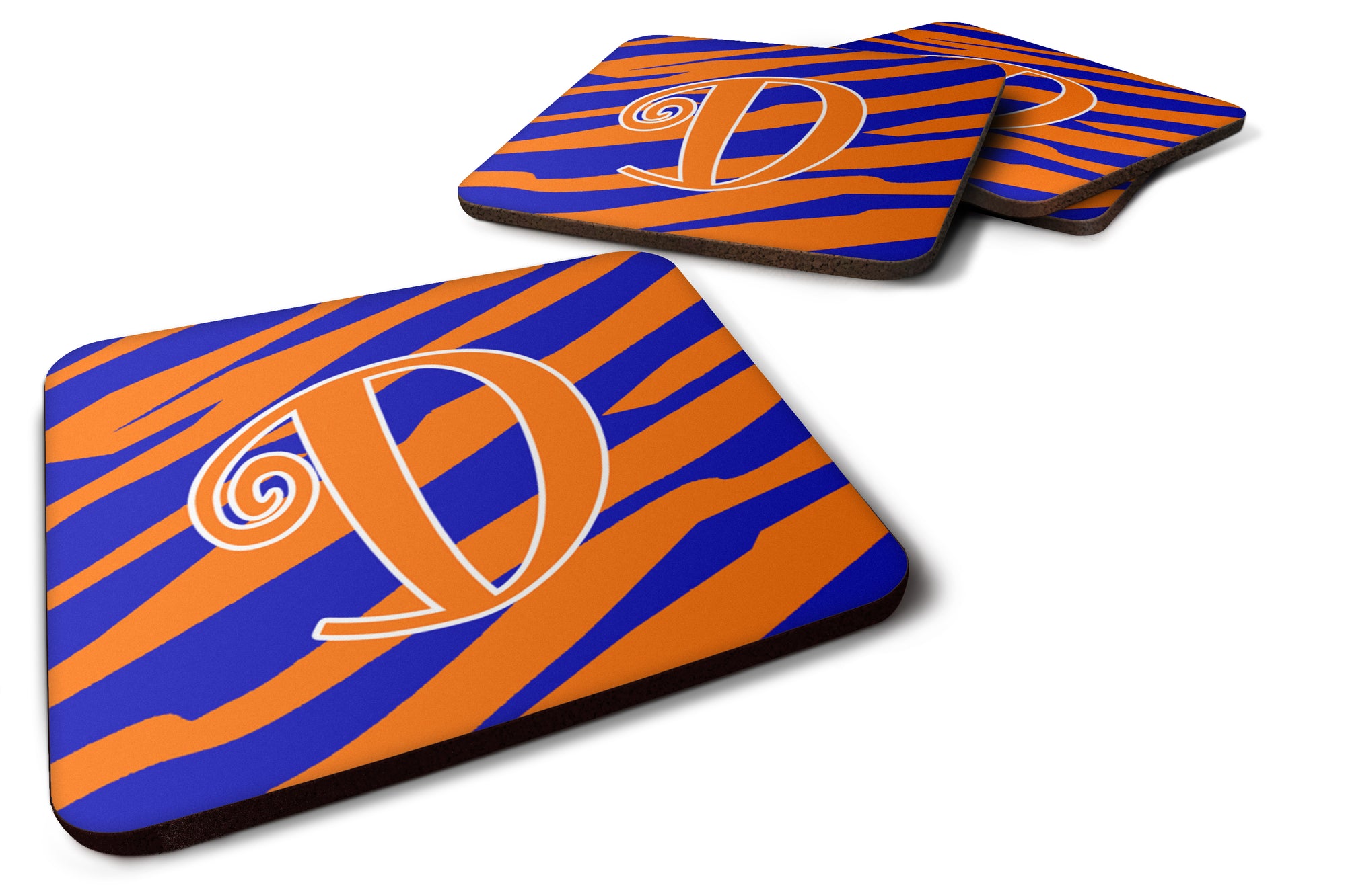 Set of 4 Monogram - Tiger Stripe Blue and Orange Foam Coasters Initial Letter D - the-store.com