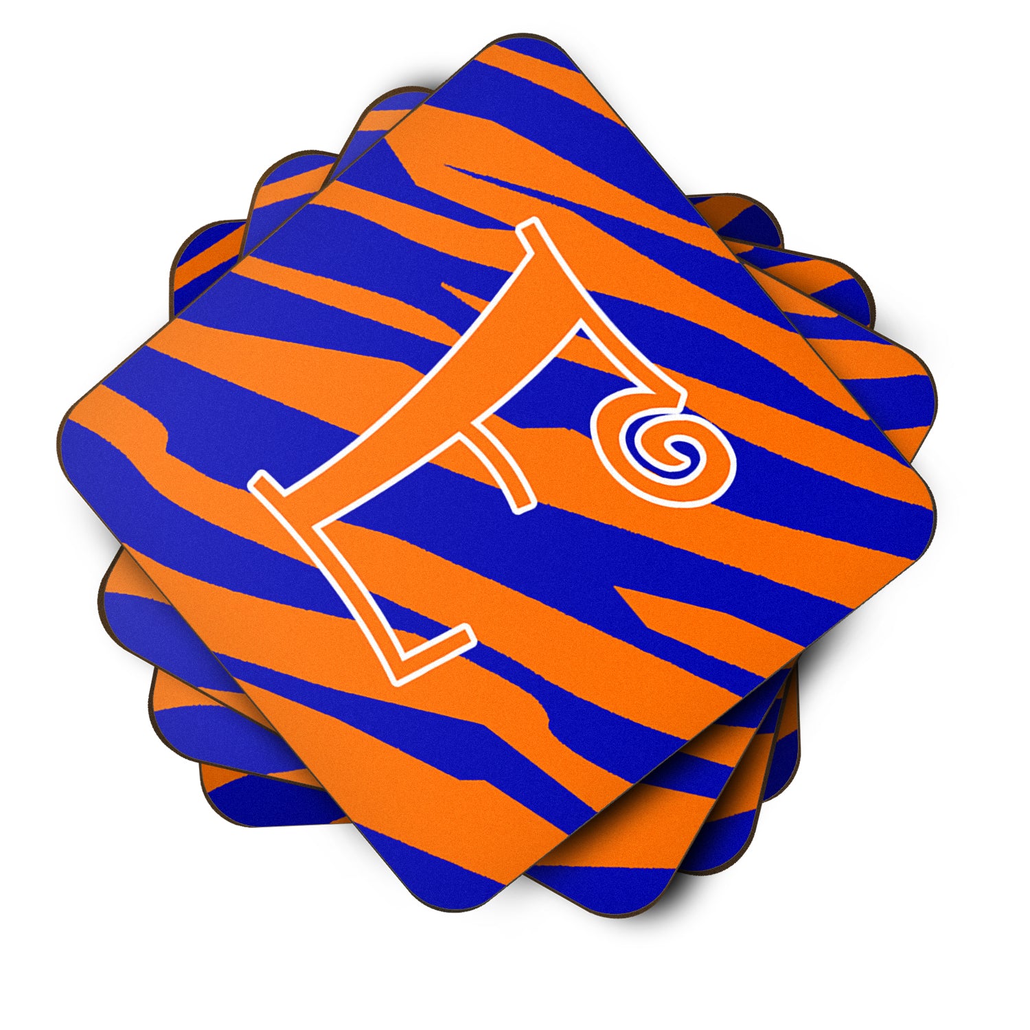 Set of 4 Monogram - Tiger Stripe Blue and Orange Foam Coasters Initial Letter E - the-store.com