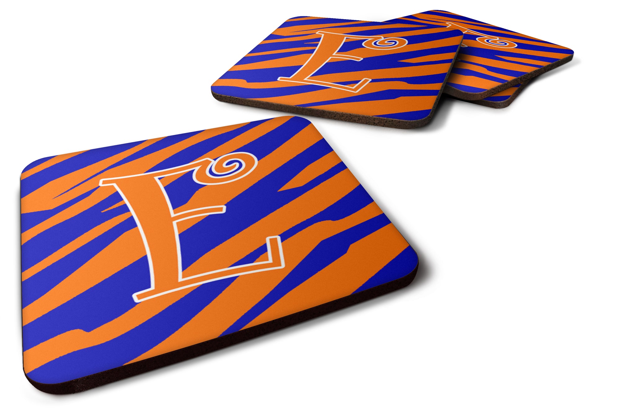 Set of 4 Monogram - Tiger Stripe Blue and Orange Foam Coasters Initial Letter E - the-store.com