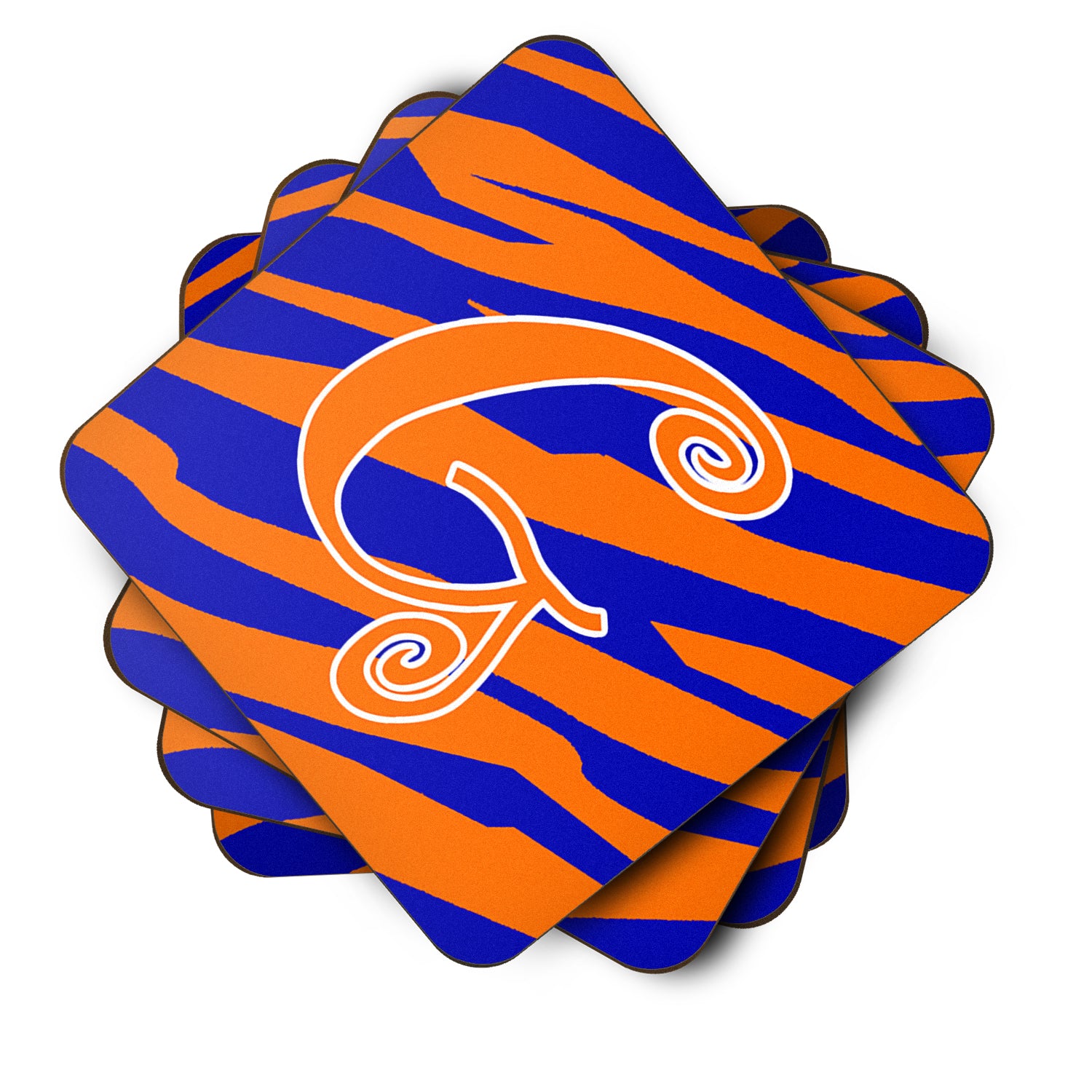 Set of 4 Monogram - Tiger Stripe Blue and Orange Foam Coasters Initial Letter G - the-store.com