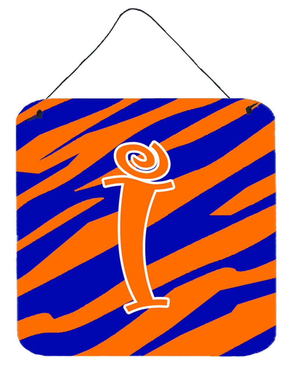 Letter I Initial Tiger Stripe Blue and Orange Wall or Door Hanging Prints by Caroline's Treasures