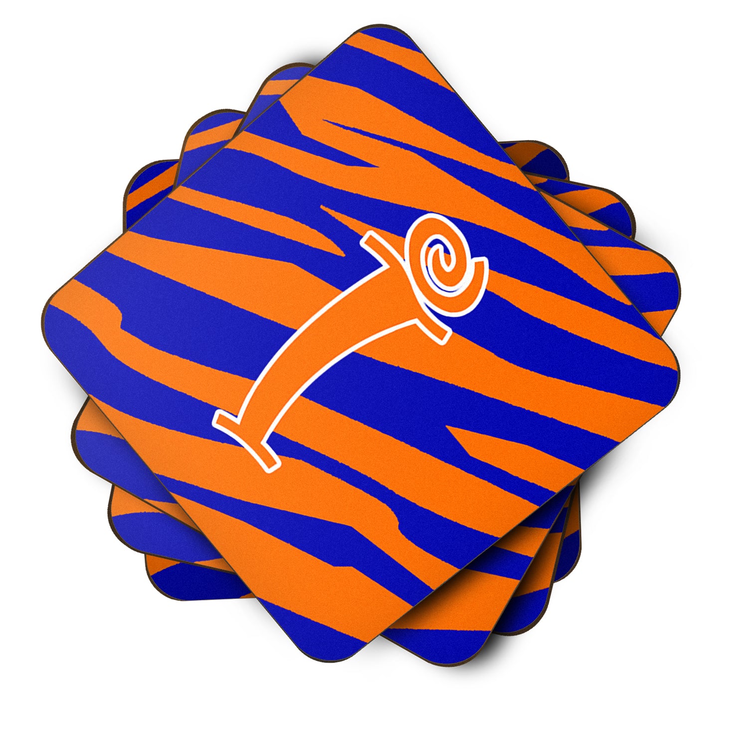 Set of 4 Monogram - Tiger Stripe Blue and Orange Foam Coasters Initial Letter I - the-store.com