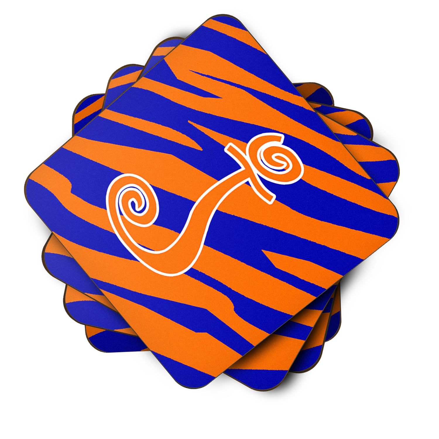 Set of 4 Monogram - Tiger Stripe Blue and Orange Foam Coasters Initial Letter J - the-store.com