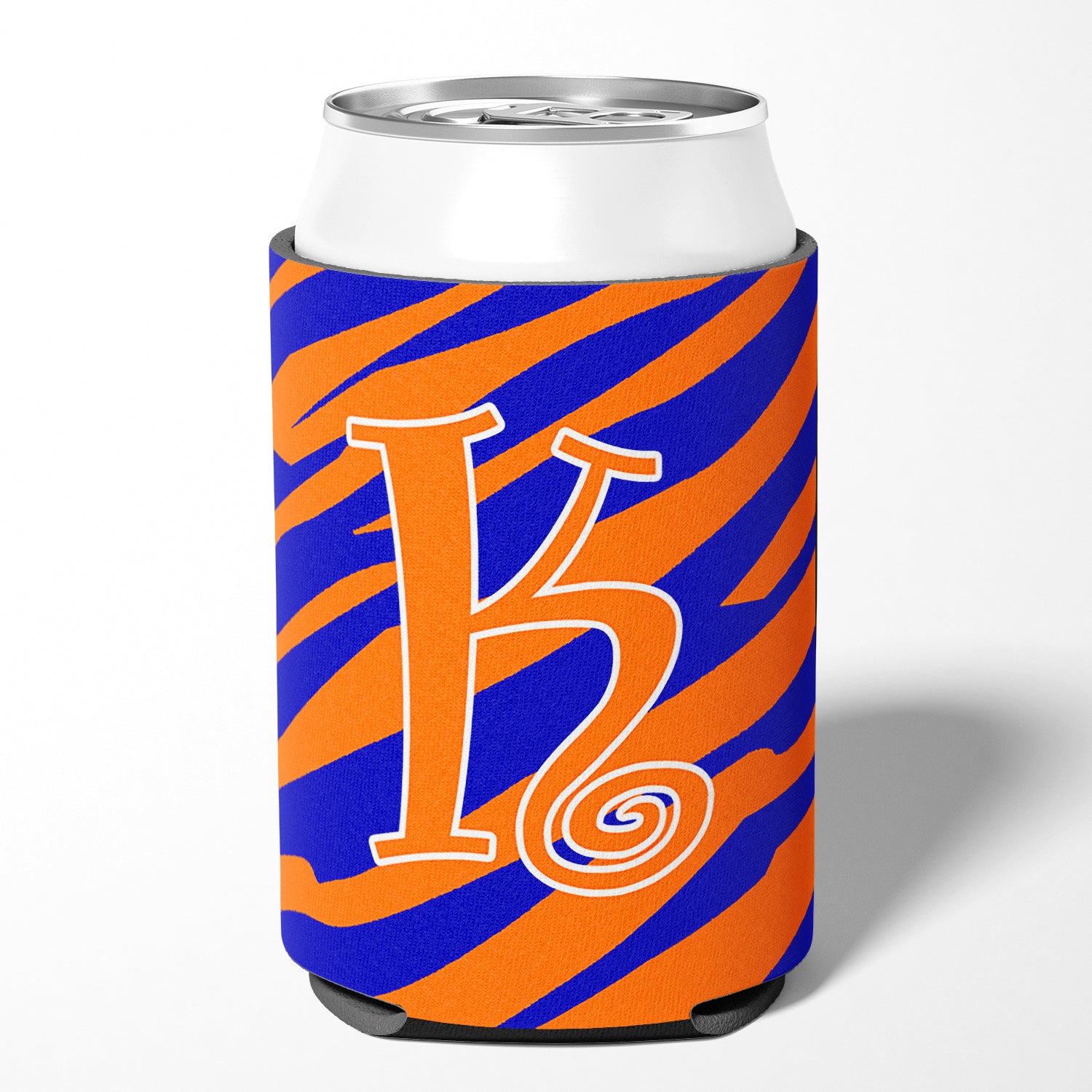 Letter K Initial Monogram - Tiger Stripe Blue and Orange Can Beverage Insulator Hugger.