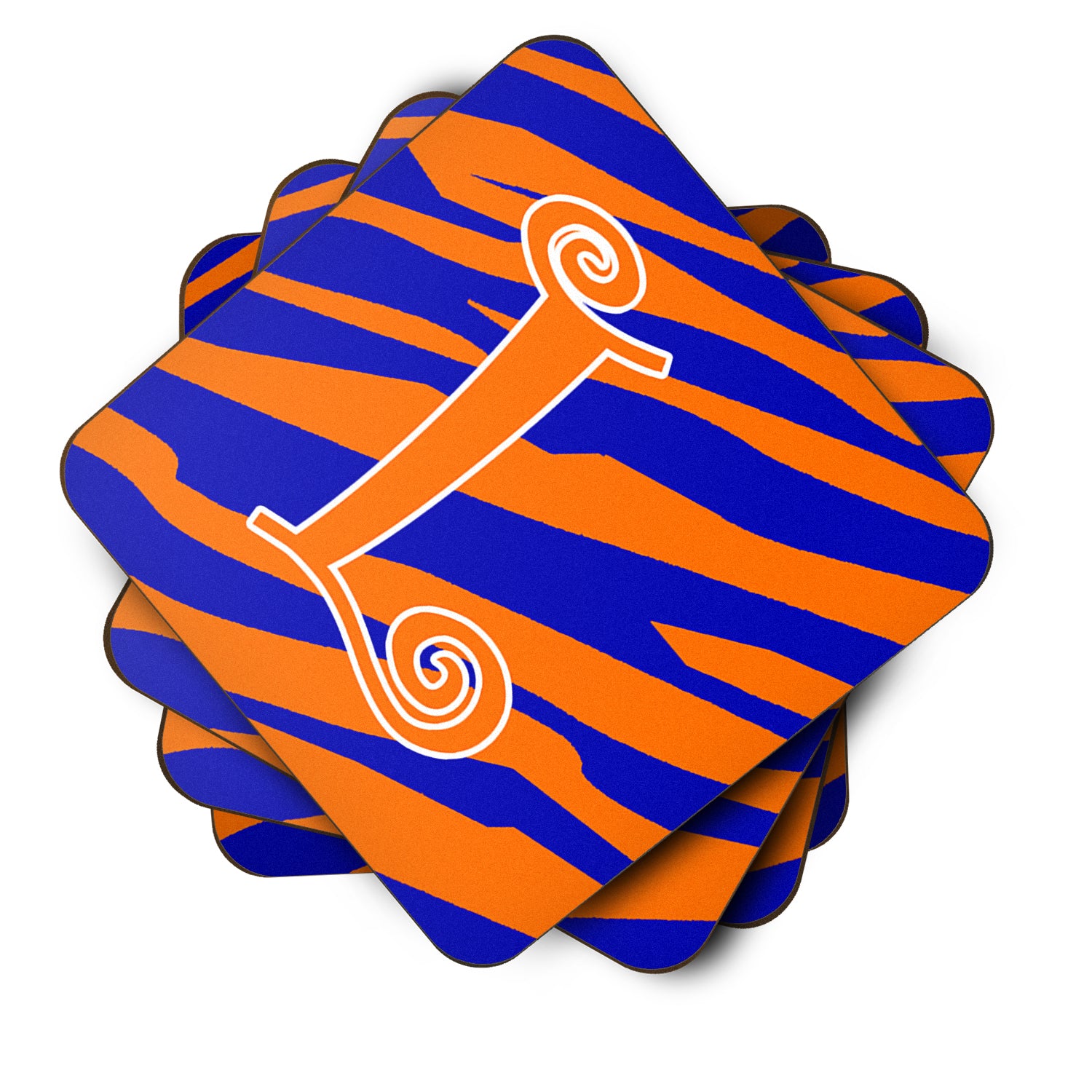 Set of 4 Monogram - Tiger Stripe Blue and Orange Foam Coasters Initial Letter L - the-store.com