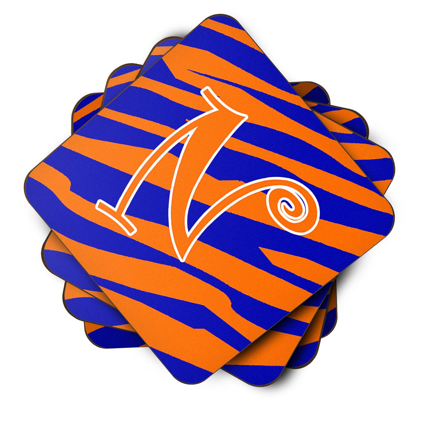 Set of 4 Monogram - Tiger Stripe Blue and Orange Foam Coasters Initial Letter N - the-store.com