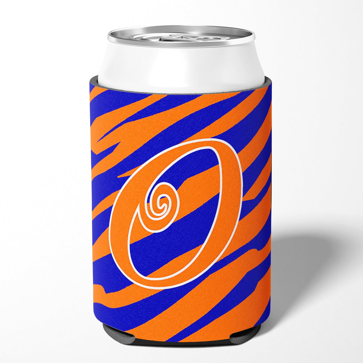 Letter O Initial Monogram - Tiger Stripe Blue and Orange Can Beverage Insulator Hugger.