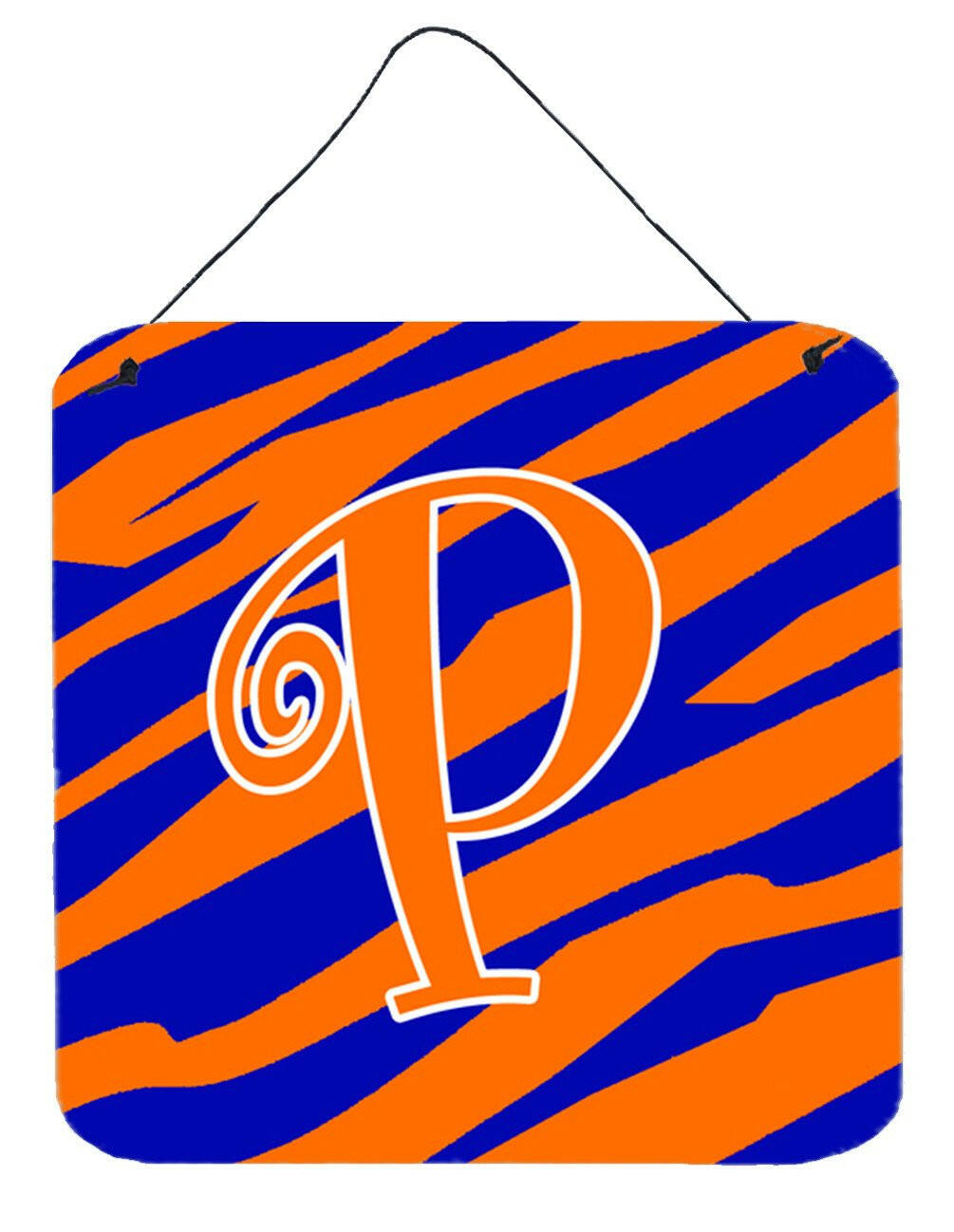 Letter P Initial Tiger Stripe Blue and Orange Wall or Door Hanging Prints by Caroline's Treasures