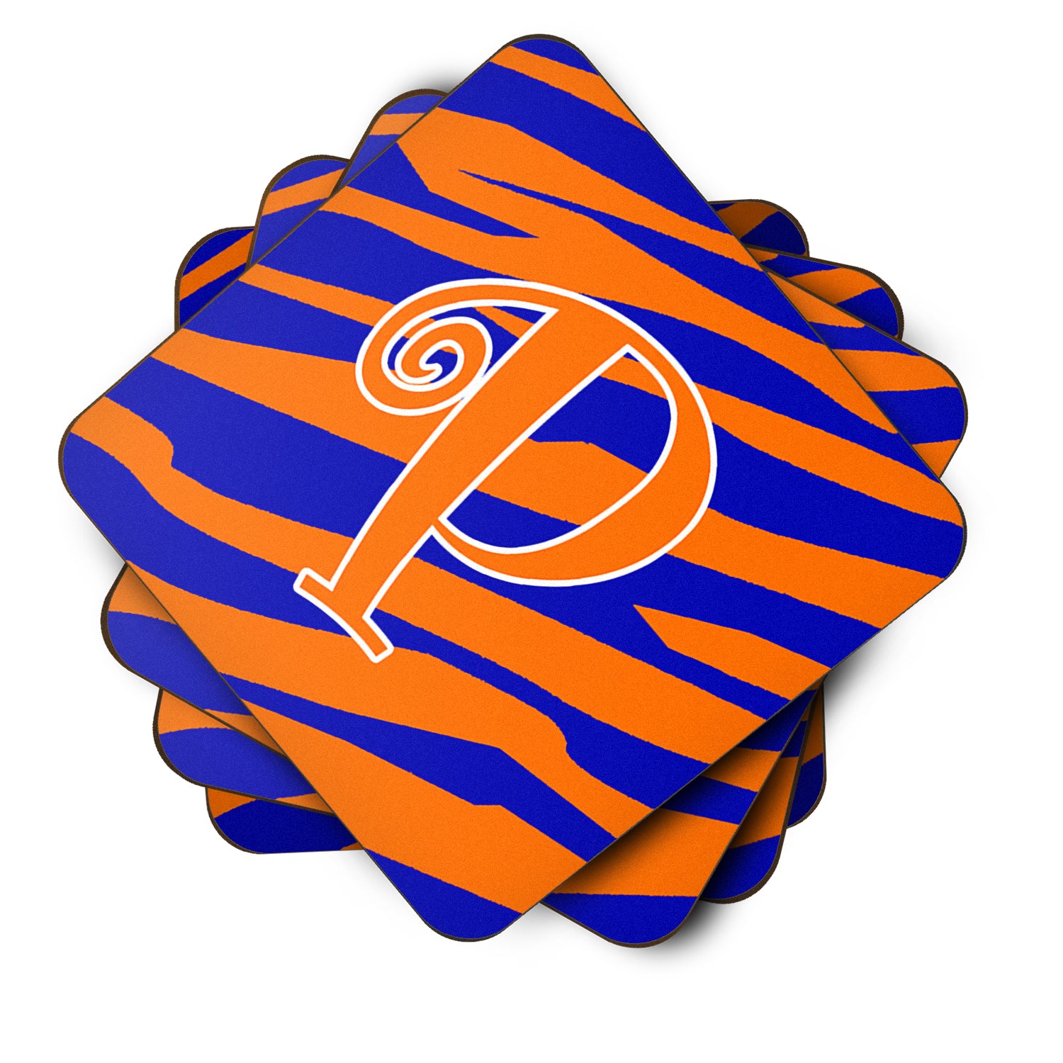 Set of 4 Monogram - Tiger Stripe Blue and Orange Foam Coasters Initial Letter P - the-store.com