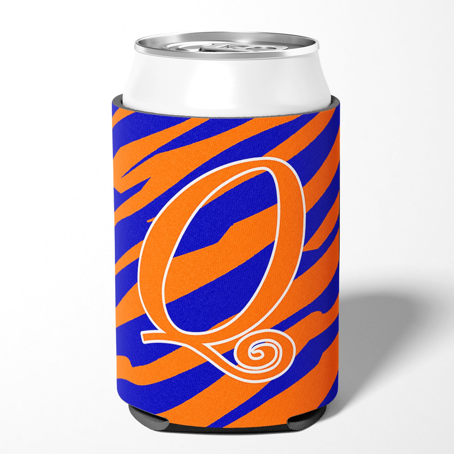 Letter Q Initial Monogram - Tiger Stripe Blue and Orange Can Beverage Insulator Hugger.