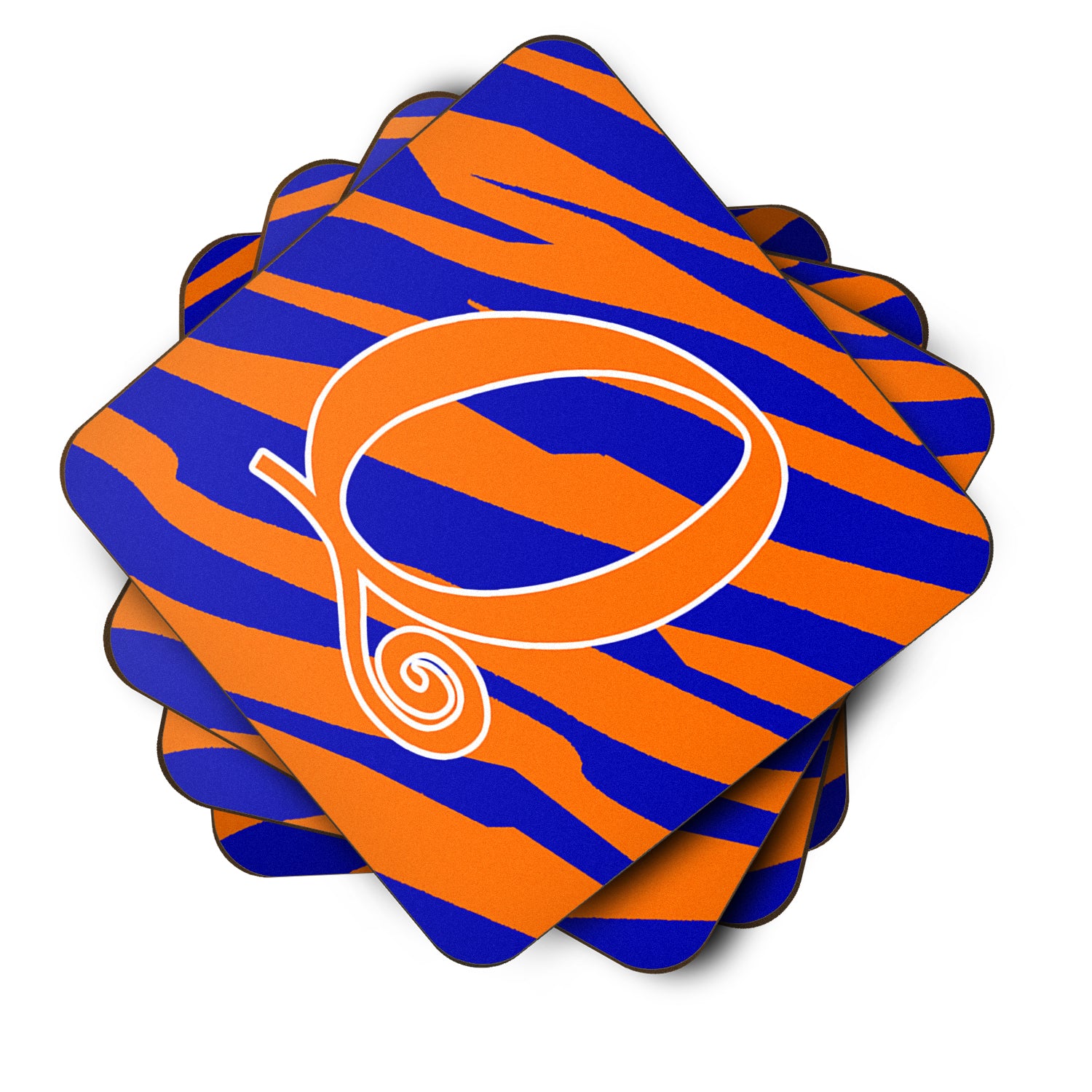Set of 4 Monogram - Tiger Stripe Blue and Orange Foam Coasters Initial Letter Q - the-store.com