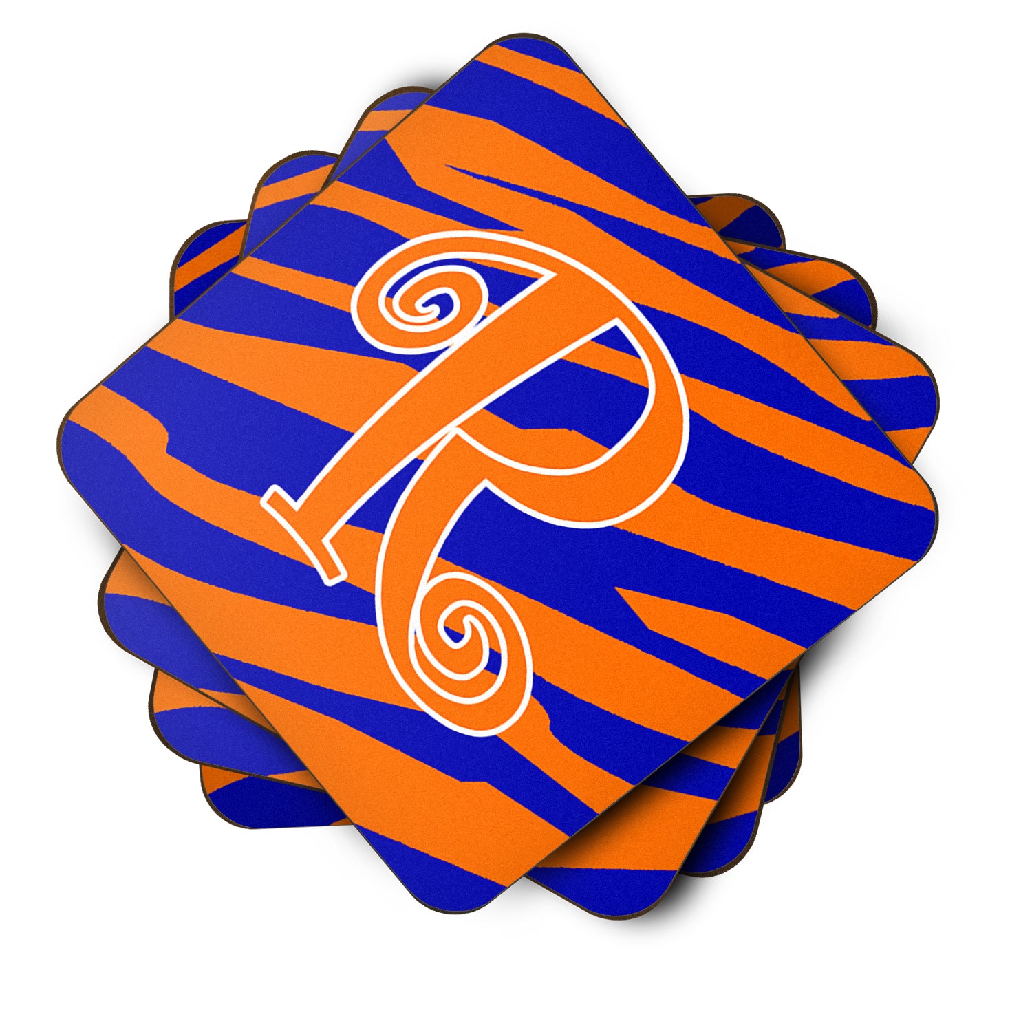 Set of 4 Monogram - Tiger Stripe Blue and Orange Foam Coasters Initial Letter R - the-store.com