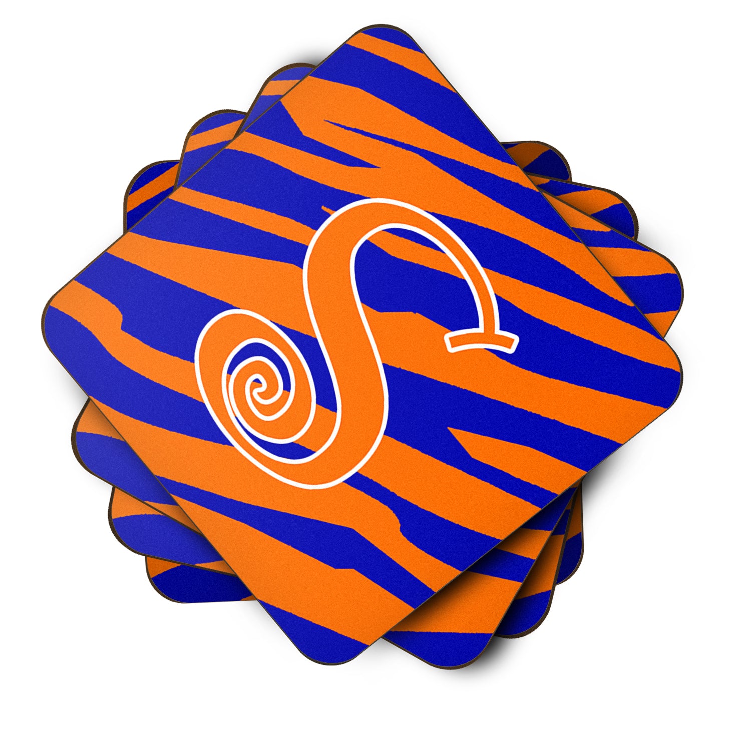 Set of 4 Monogram - Tiger Stripe Blue and Orange Foam Coasters Initial Letter S - the-store.com