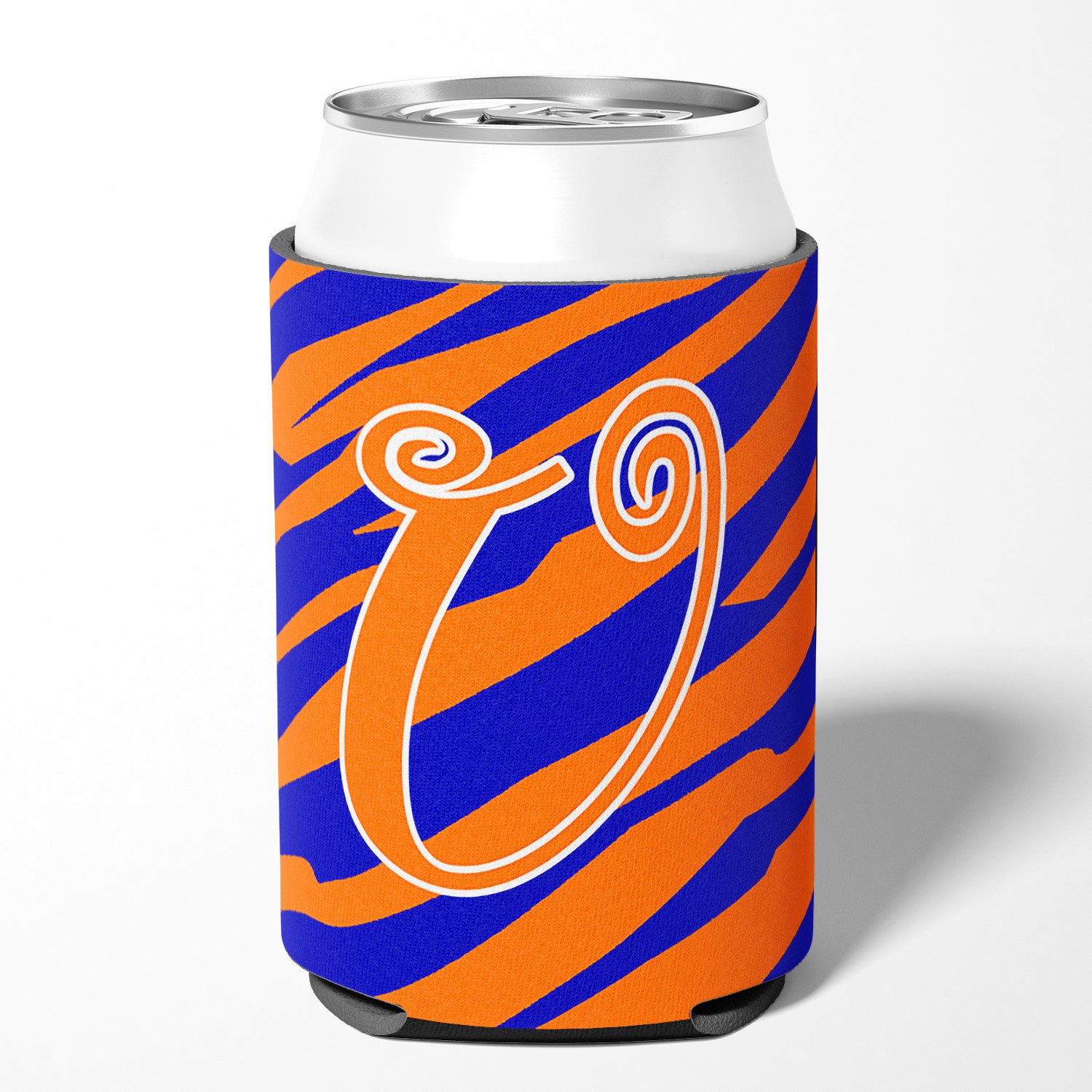 Letter U Initial Monogram - Tiger Stripe Blue and Orange Can Beverage Insulator Hugger.