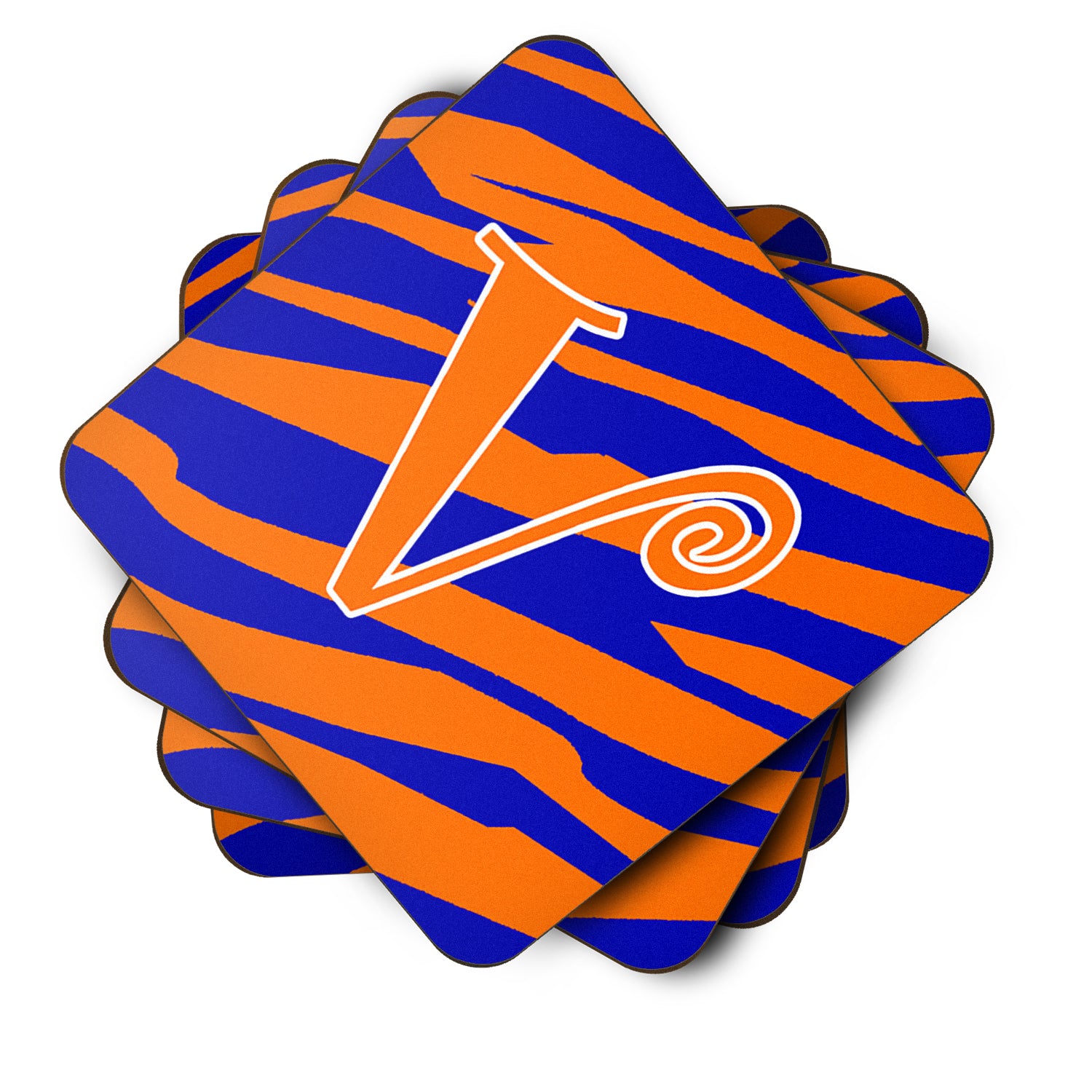 Set of 4 Monogram - Tiger Stripe Blue and Orange Foam Coasters Initial Letter V - the-store.com