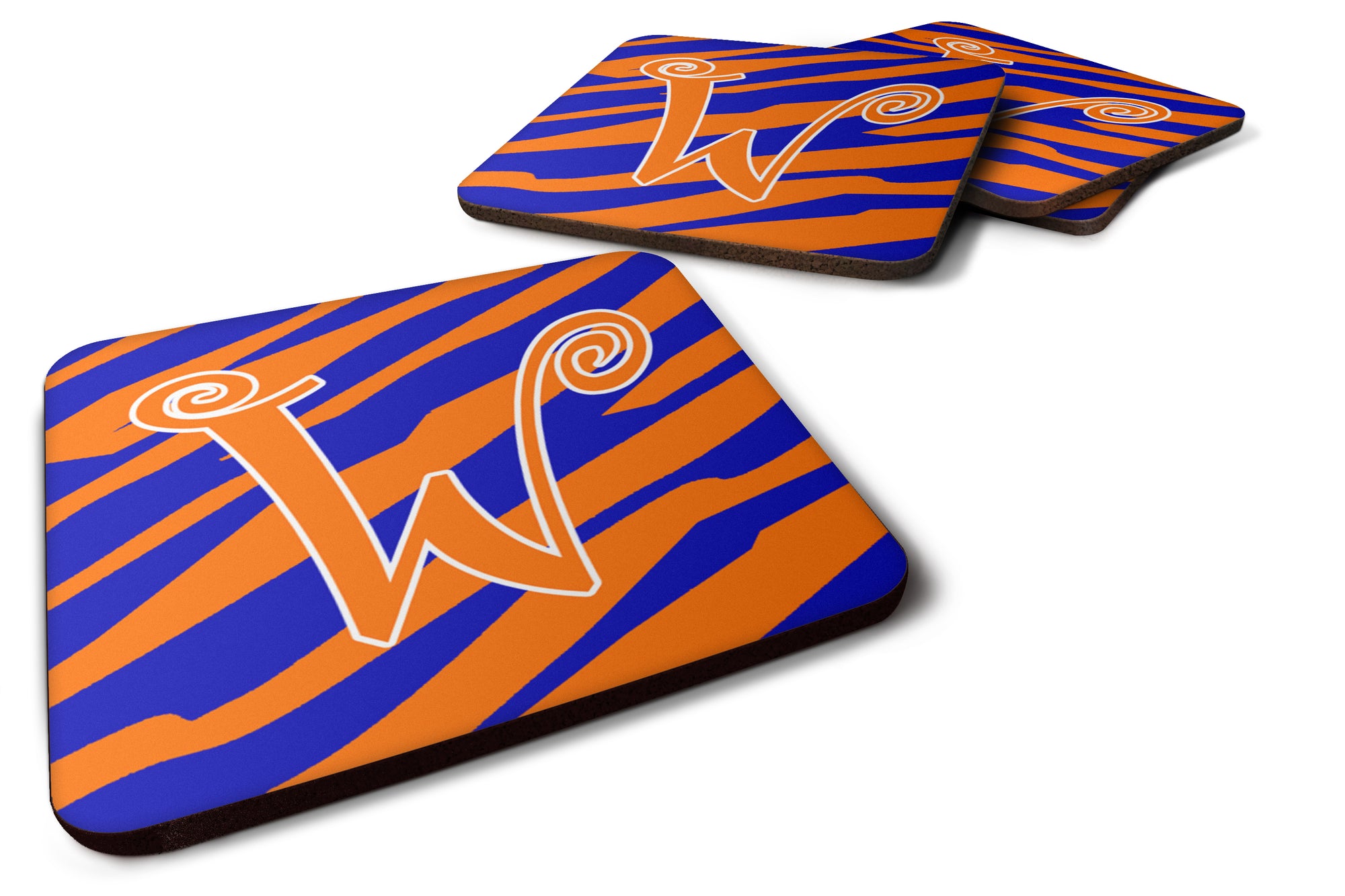 Set of 4 Monogram - Tiger Stripe Blue and Orange Foam Coasters Initial Letter W - the-store.com