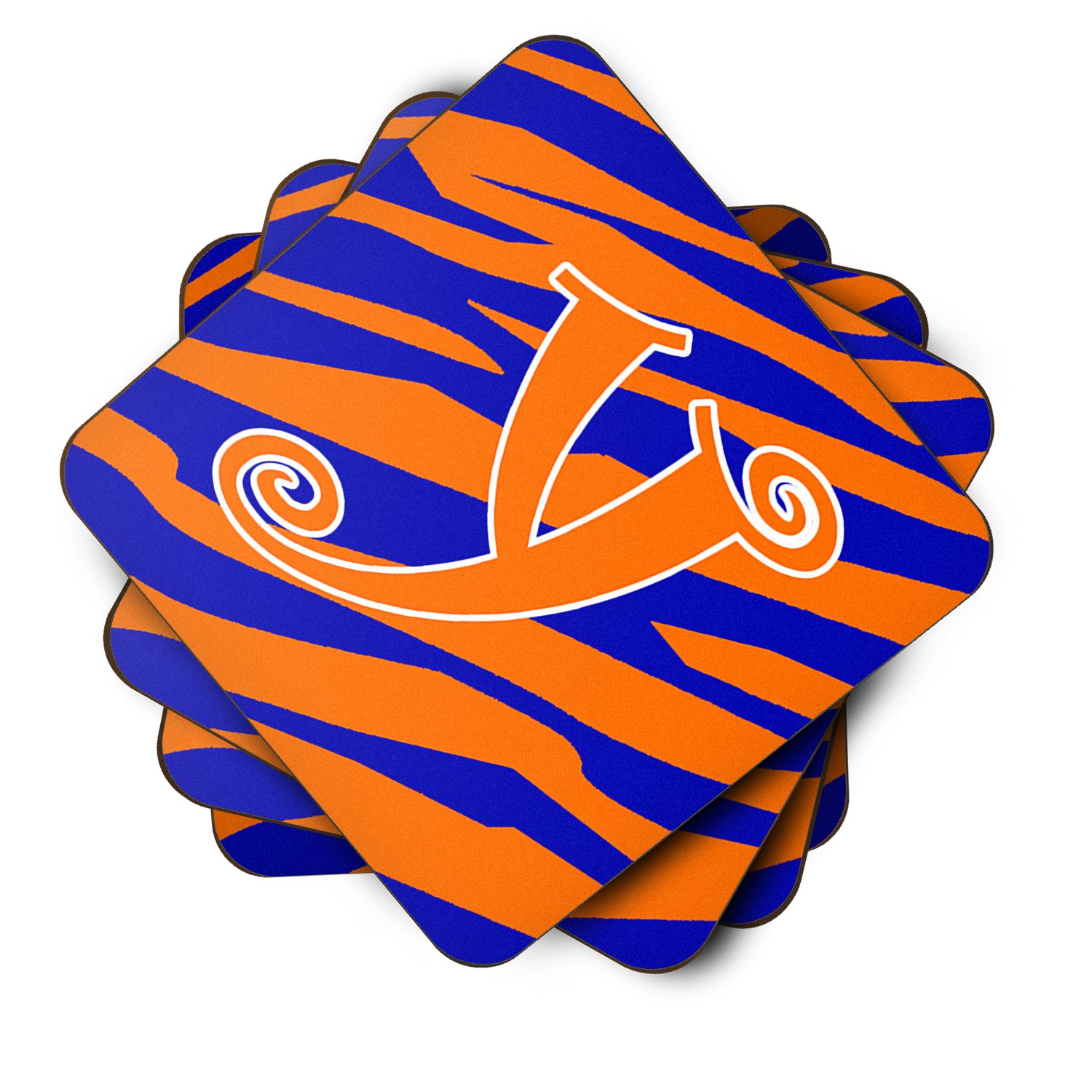 Set of 4 Monogram - Tiger Stripe Blue and Orange Foam Coasters Initial Letter Y - the-store.com