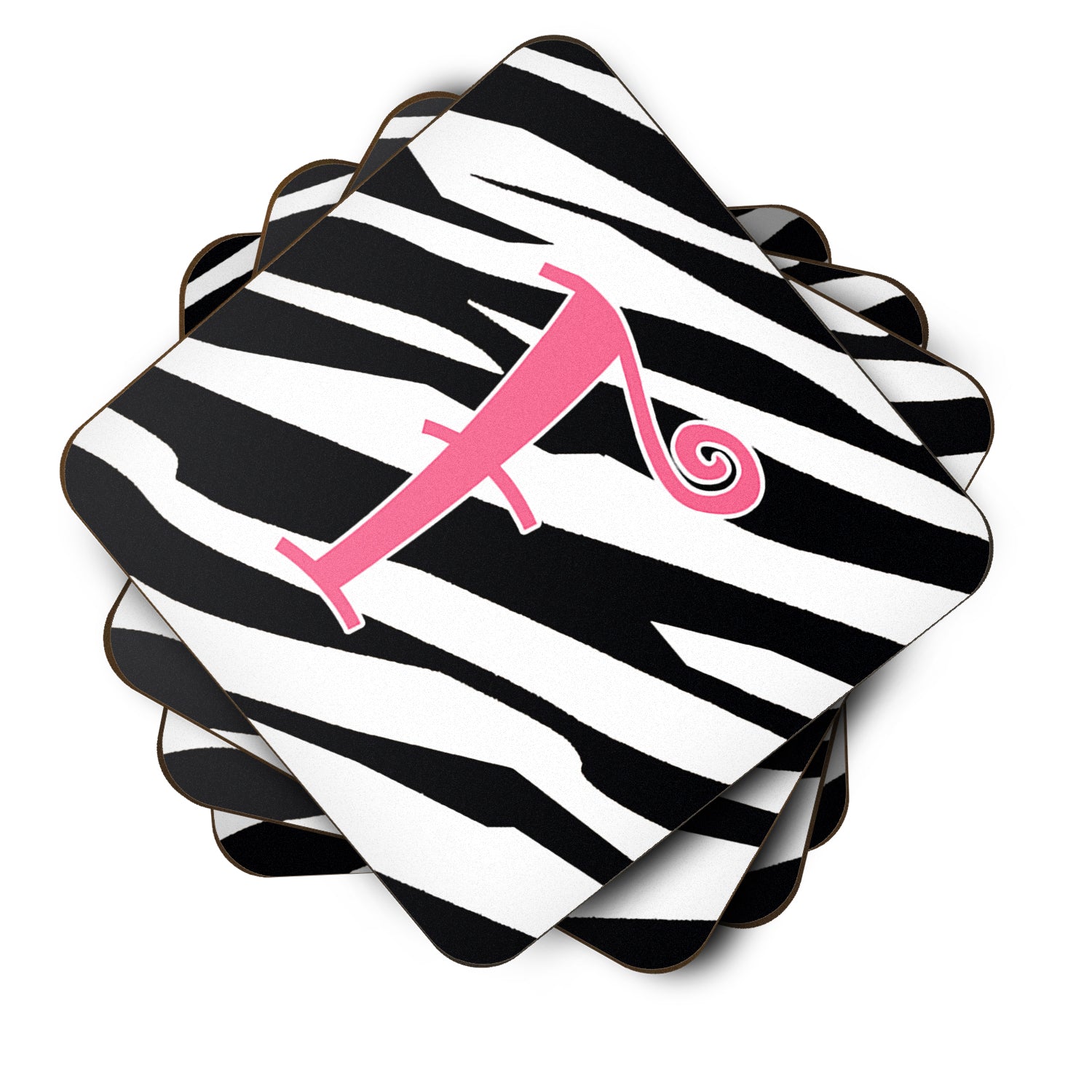 Set of 4 Monogram - Zebra Stripe and Pink Foam Coasters Initial Letter F - the-store.com