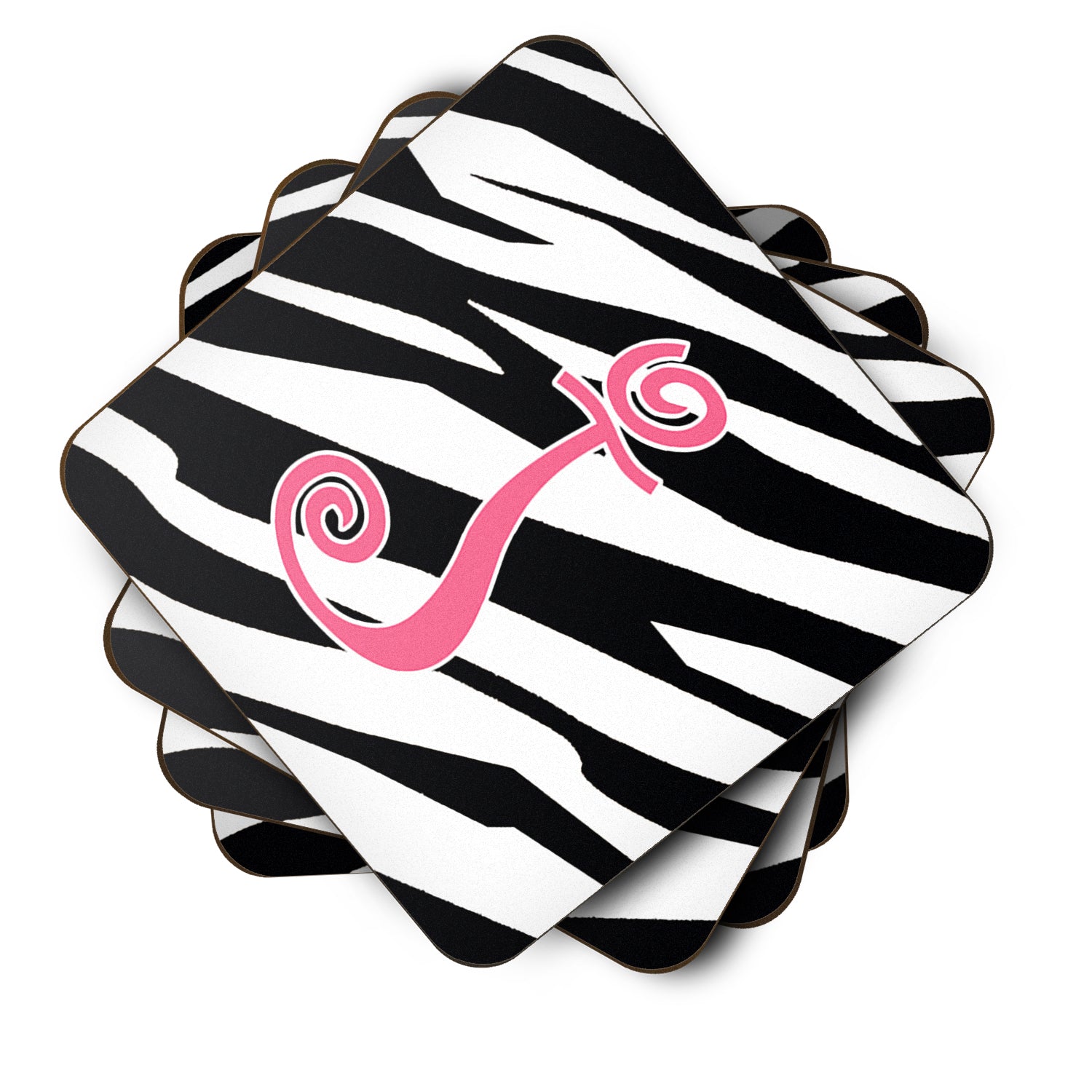 Set of 4 Monogram - Zebra Stripe and Pink Foam Coasters Initial Letter J - the-store.com