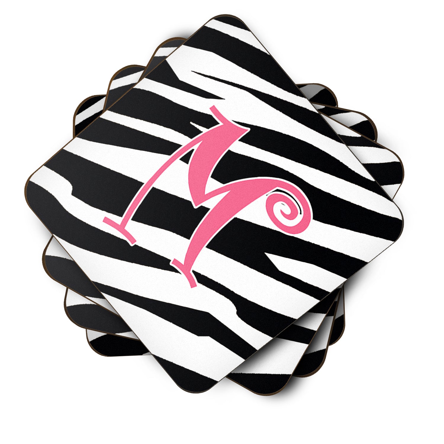 Set of 4 Monogram - Zebra Stripe and Pink Foam Coasters Initial Letter M - the-store.com