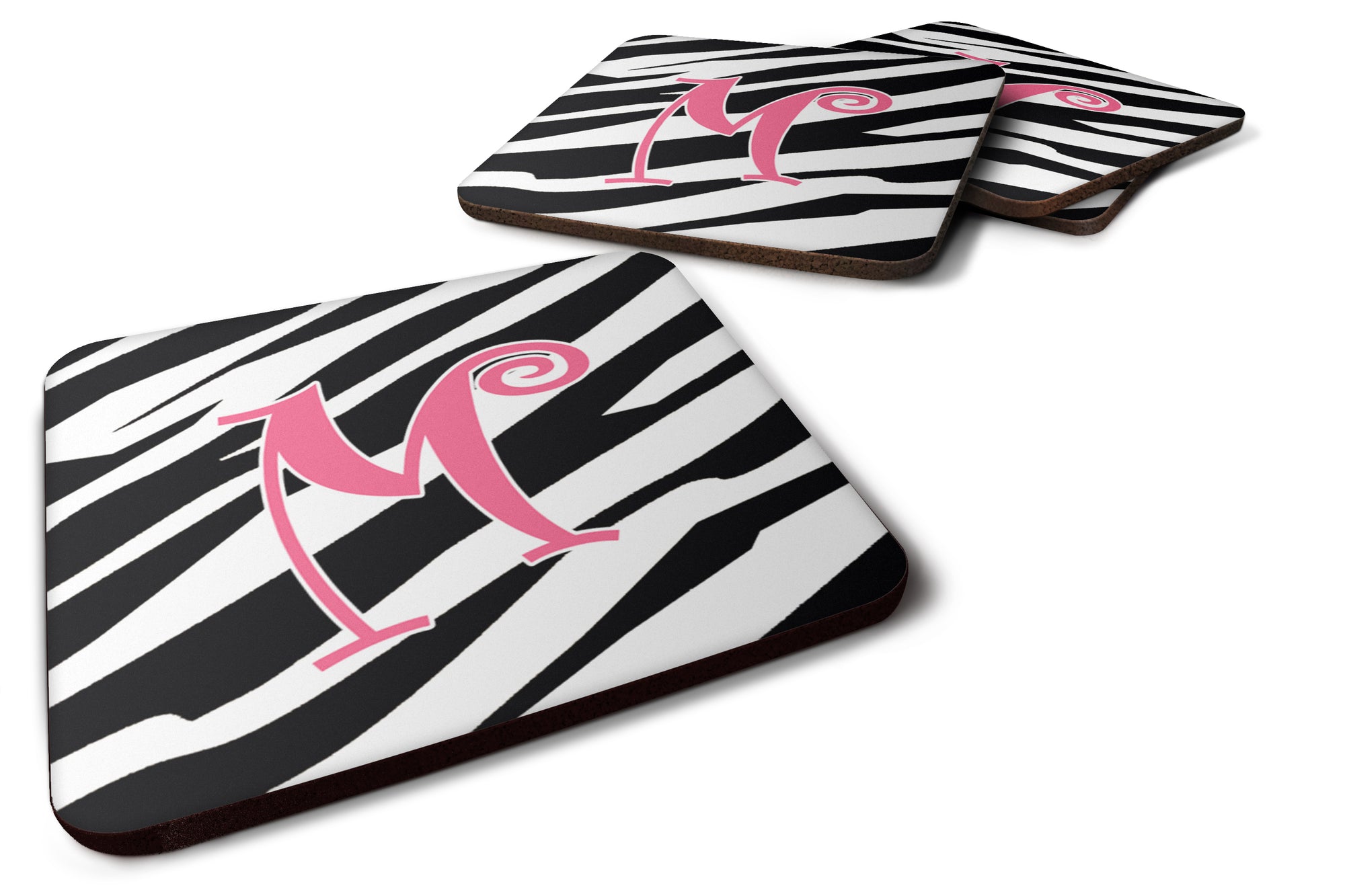 Set of 4 Monogram - Zebra Stripe and Pink Foam Coasters Initial Letter M - the-store.com