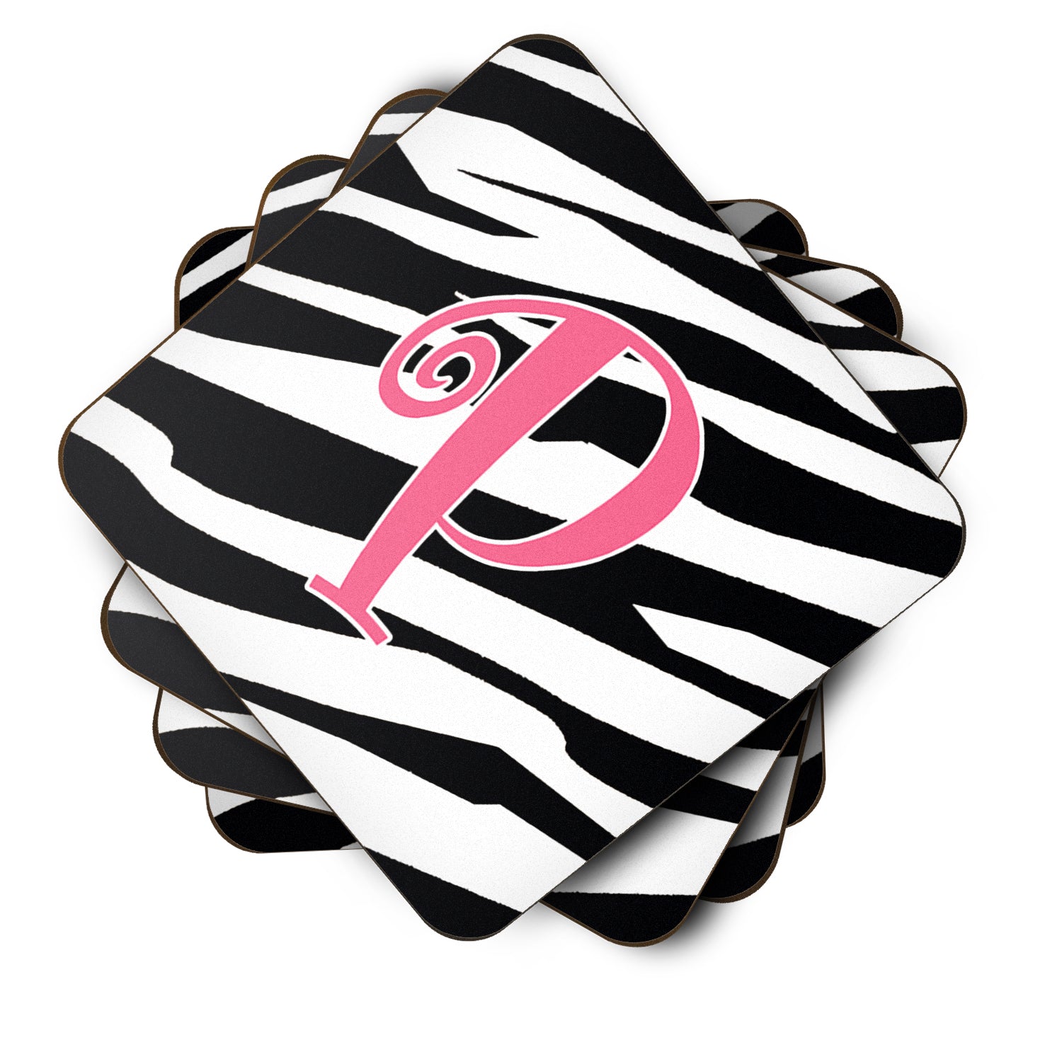 Set of 4 Monogram - Zebra Stripe and Pink Foam Coasters Initial Letter P - the-store.com