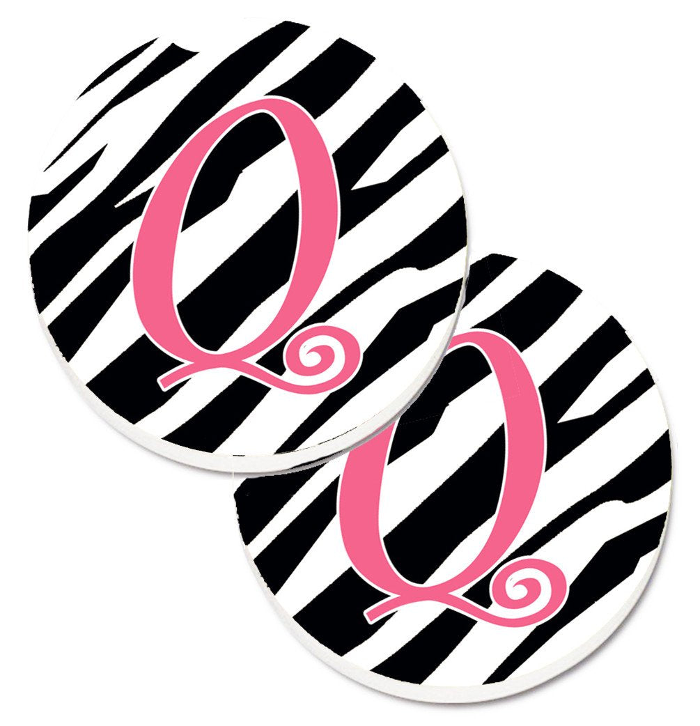 Monogram Initial Q Zebra Stripe and Pink  Set of 2 Cup Holder Car Coasters CJ1037-QCARC by Caroline's Treasures
