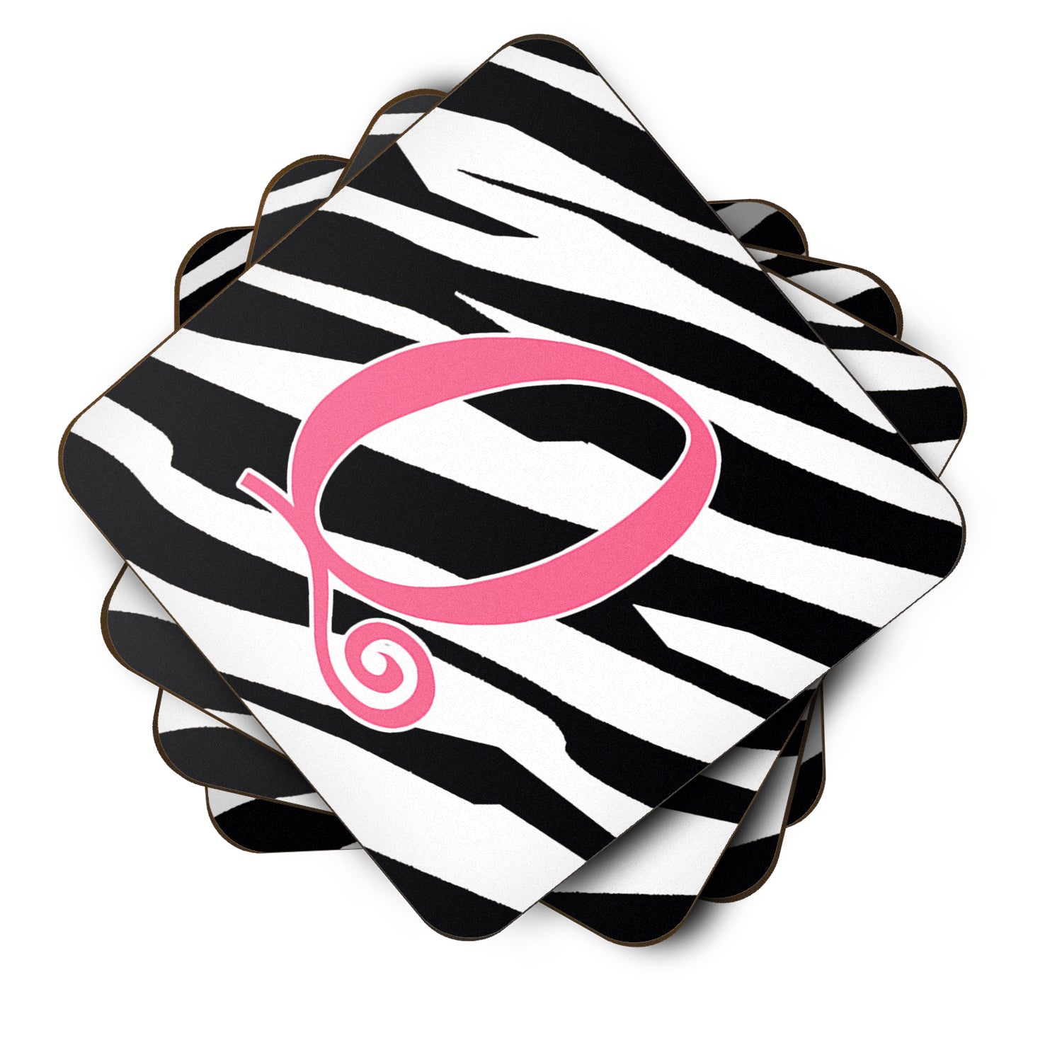 Set of 4 Monogram - Zebra Stripe and Pink Foam Coasters Initial Letter Q - the-store.com