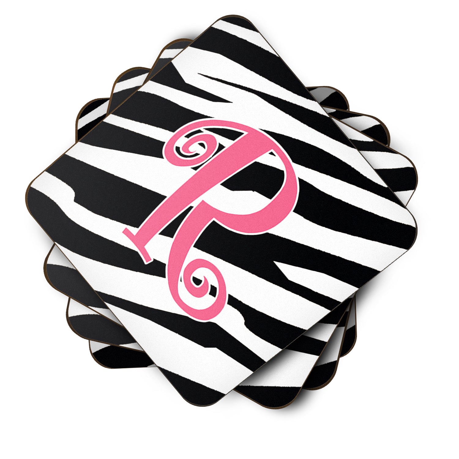 Set of 4 Monogram - Zebra Stripe and Pink Foam Coasters Initial Letter R - the-store.com